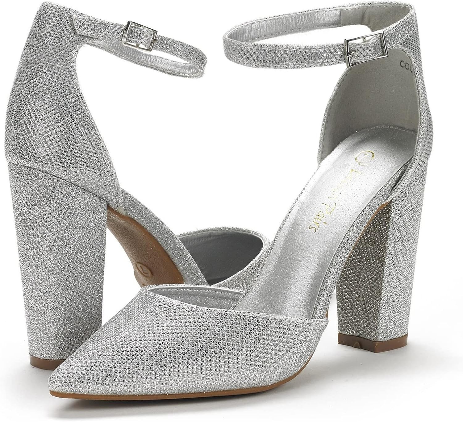 image:imageDREAM PAIRS Womens Coco High Heels Chunky Pumps Pointed Closed Toe Ankle Strap Block Pumps Wedding Dress Shoes for WomenSilverGlitter