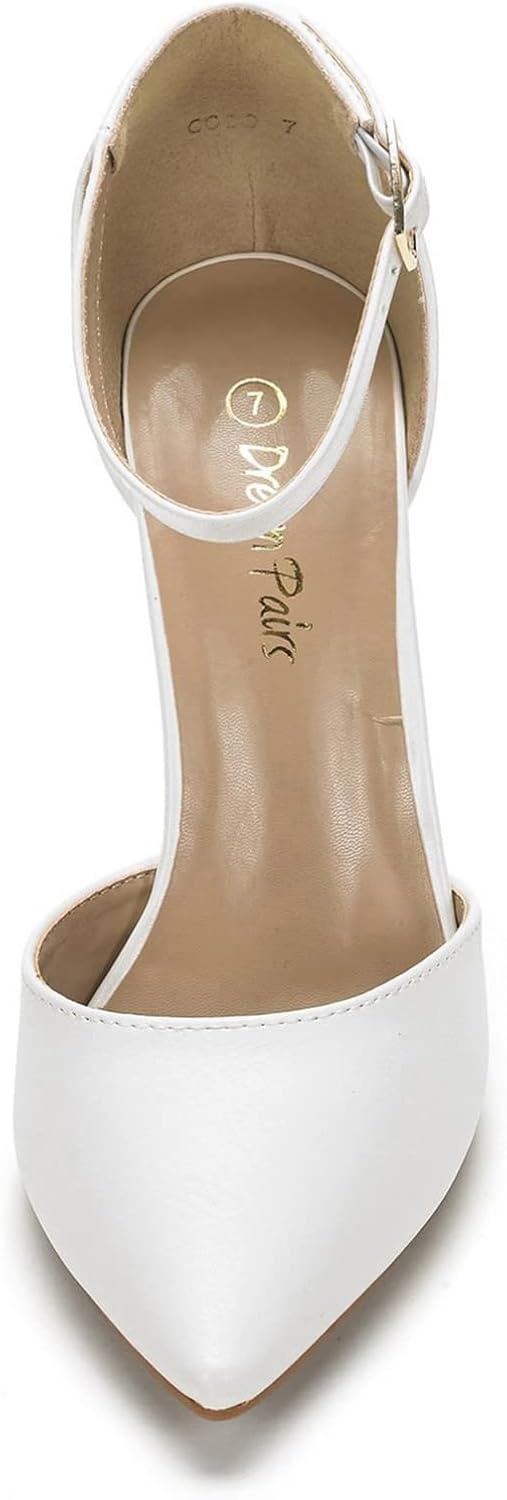 image:imageDREAM PAIRS Womens Coco High Heels Chunky Pumps Pointed Closed Toe Ankle Strap Block Pumps Wedding Dress Shoes for WomenWhitePu