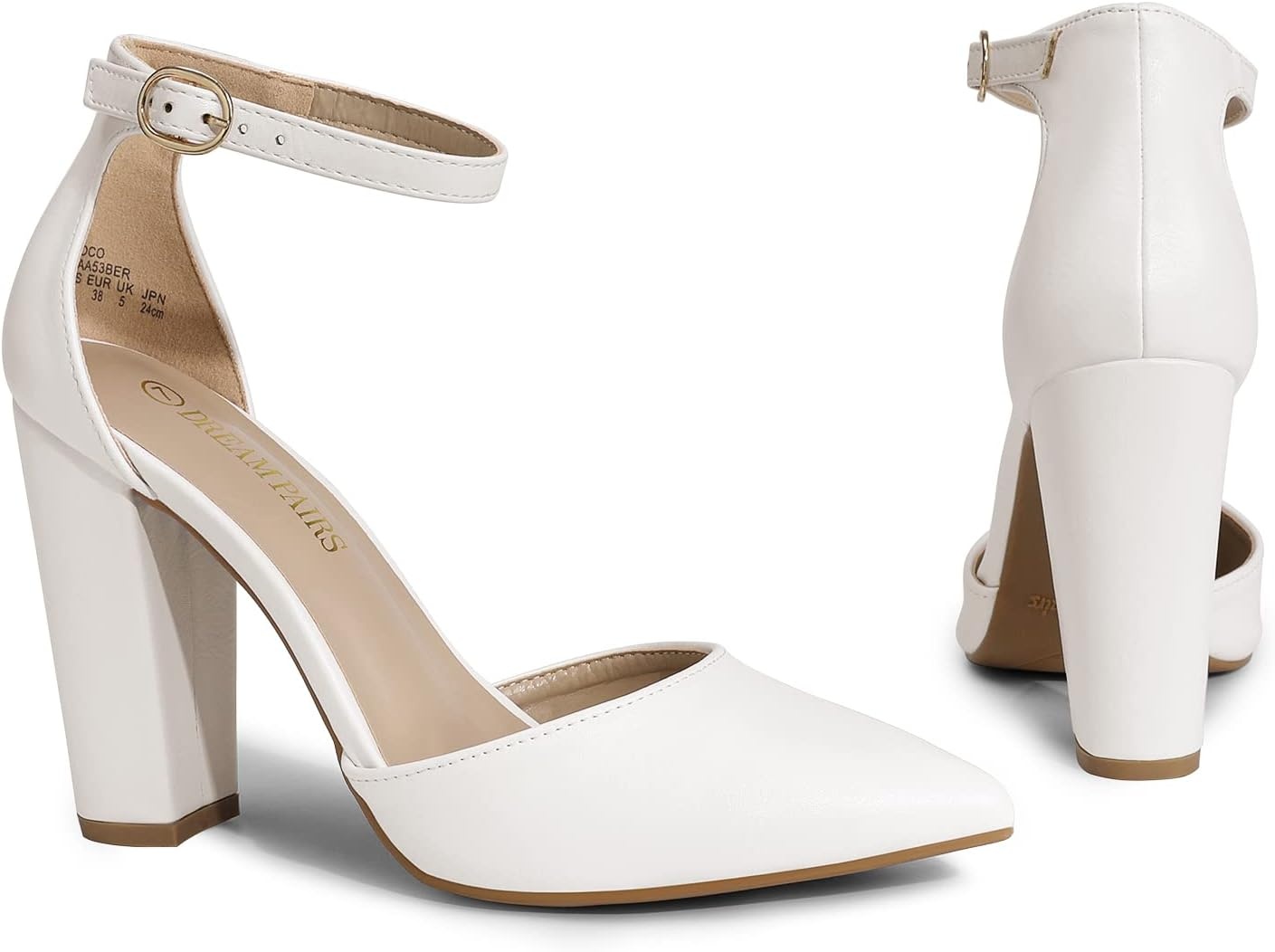 image:imageDREAM PAIRS Womens Coco High Heels Chunky Pumps Pointed Closed Toe Ankle Strap Block Pumps Wedding Dress Shoes for WomenWhitePu