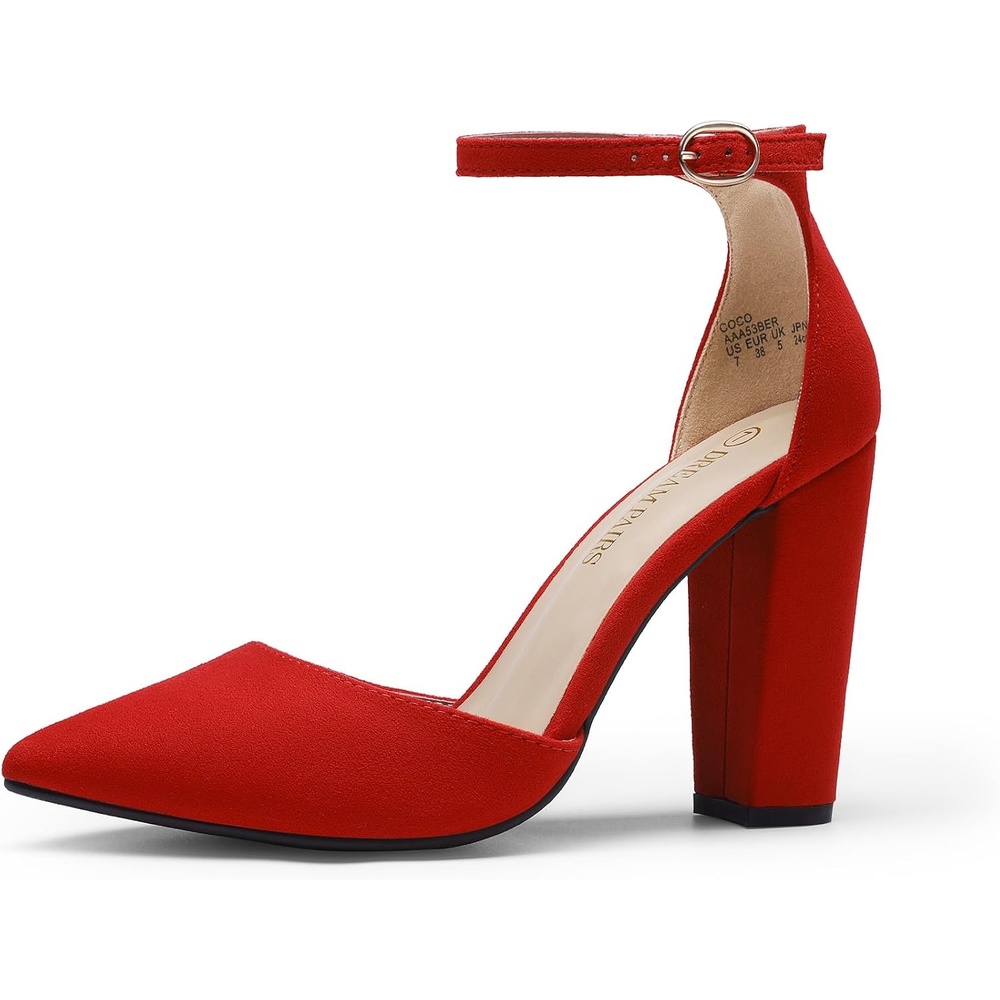 image:imageDREAM PAIRS Womens Coco High Heels Chunky Pumps Pointed Closed Toe Ankle Strap Block Pumps Wedding Dress Shoes for WomenRedSuede