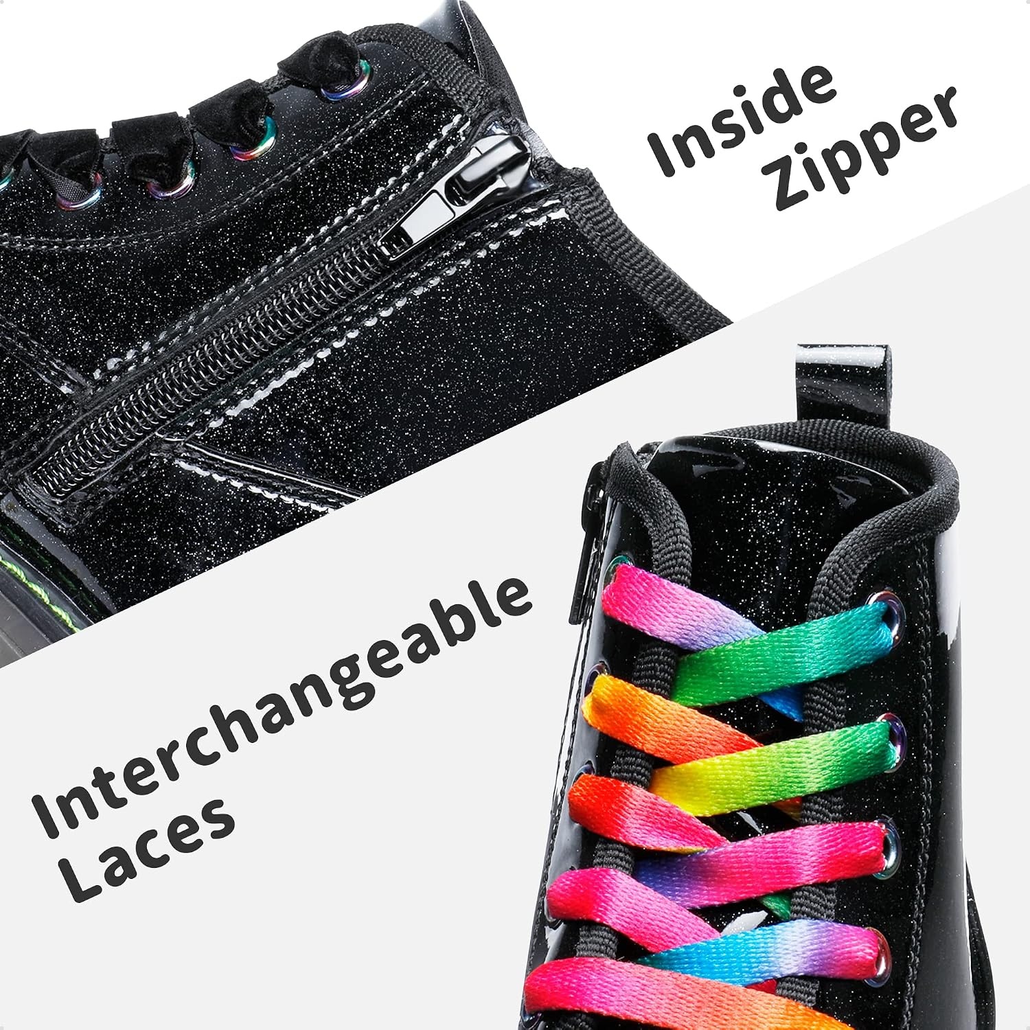 image:imageDREAM PAIRS Girls Combat Ankle Boots Shoes Glittery upper with cushioned footbed and durable rubber outsole for dress up and winterBlackPu