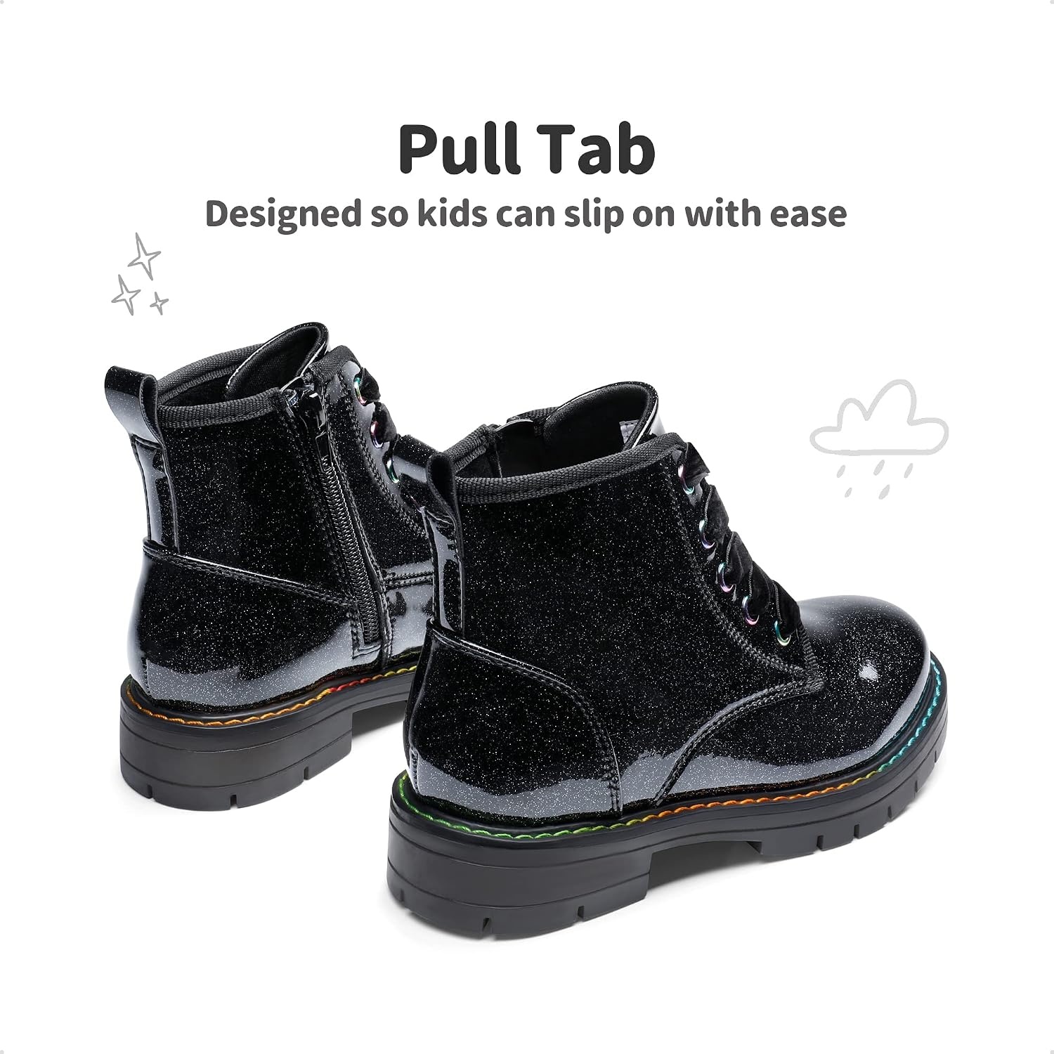 image:imageDREAM PAIRS Girls Combat Ankle Boots Shoes Glittery upper with cushioned footbed and durable rubber outsole for dress up and winterBlackPu