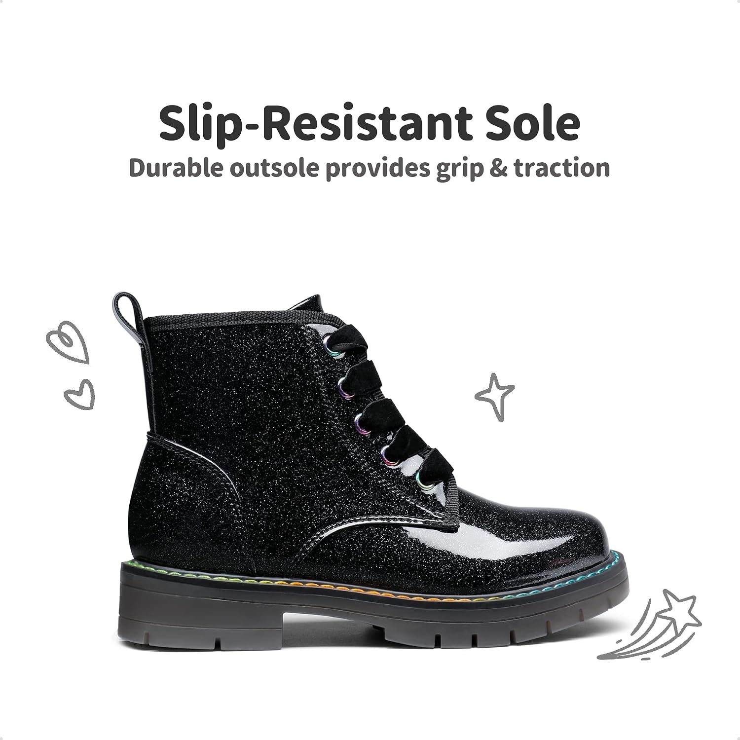 image:imageDREAM PAIRS Girls Combat Ankle Boots Shoes Glittery upper with cushioned footbed and durable rubber outsole for dress up and winterBlackPu