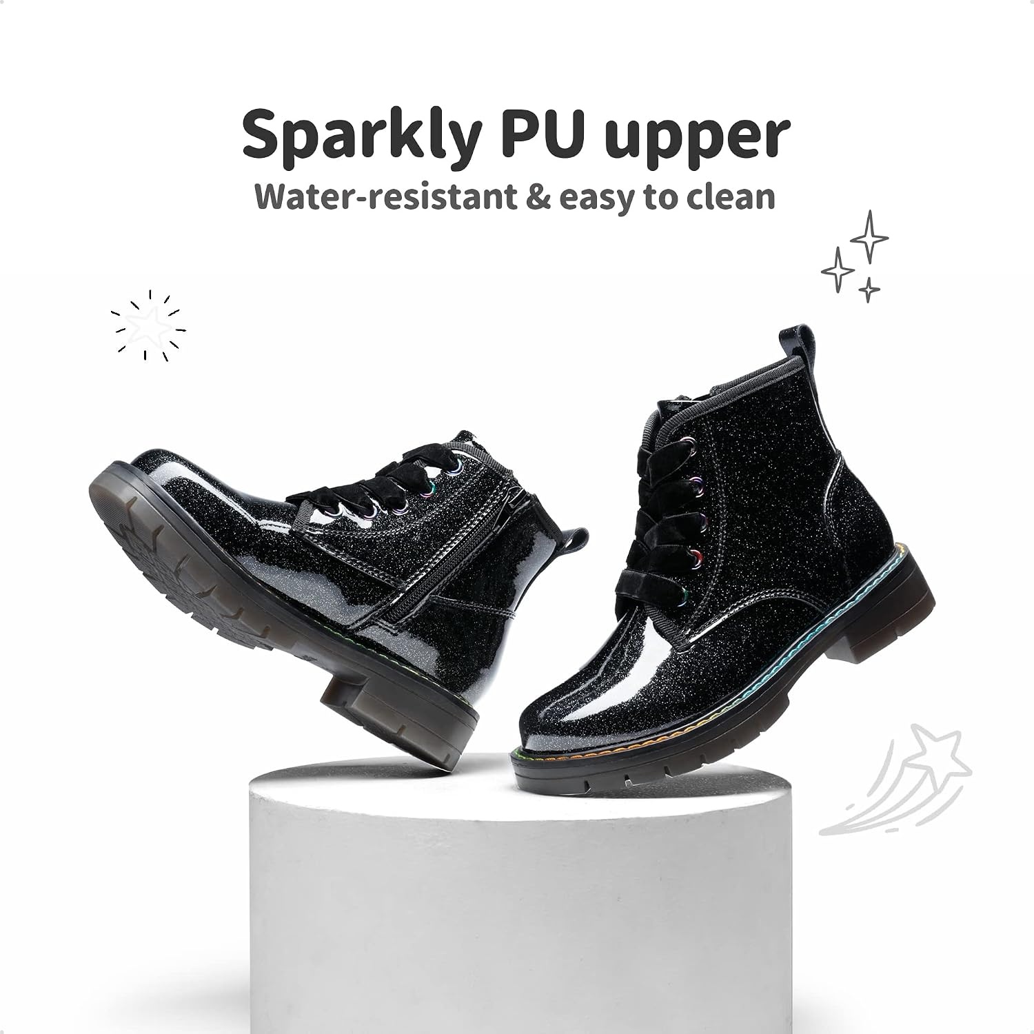 image:imageDREAM PAIRS Girls Combat Ankle Boots Shoes Glittery upper with cushioned footbed and durable rubber outsole for dress up and winterBlackPu