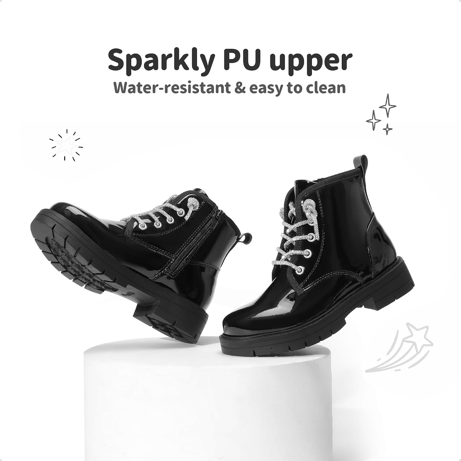 image:imageDREAM PAIRS Girls Combat Ankle Boots Shoes Glittery upper with cushioned footbed and durable rubber outsole for dress up and winterBlackpat