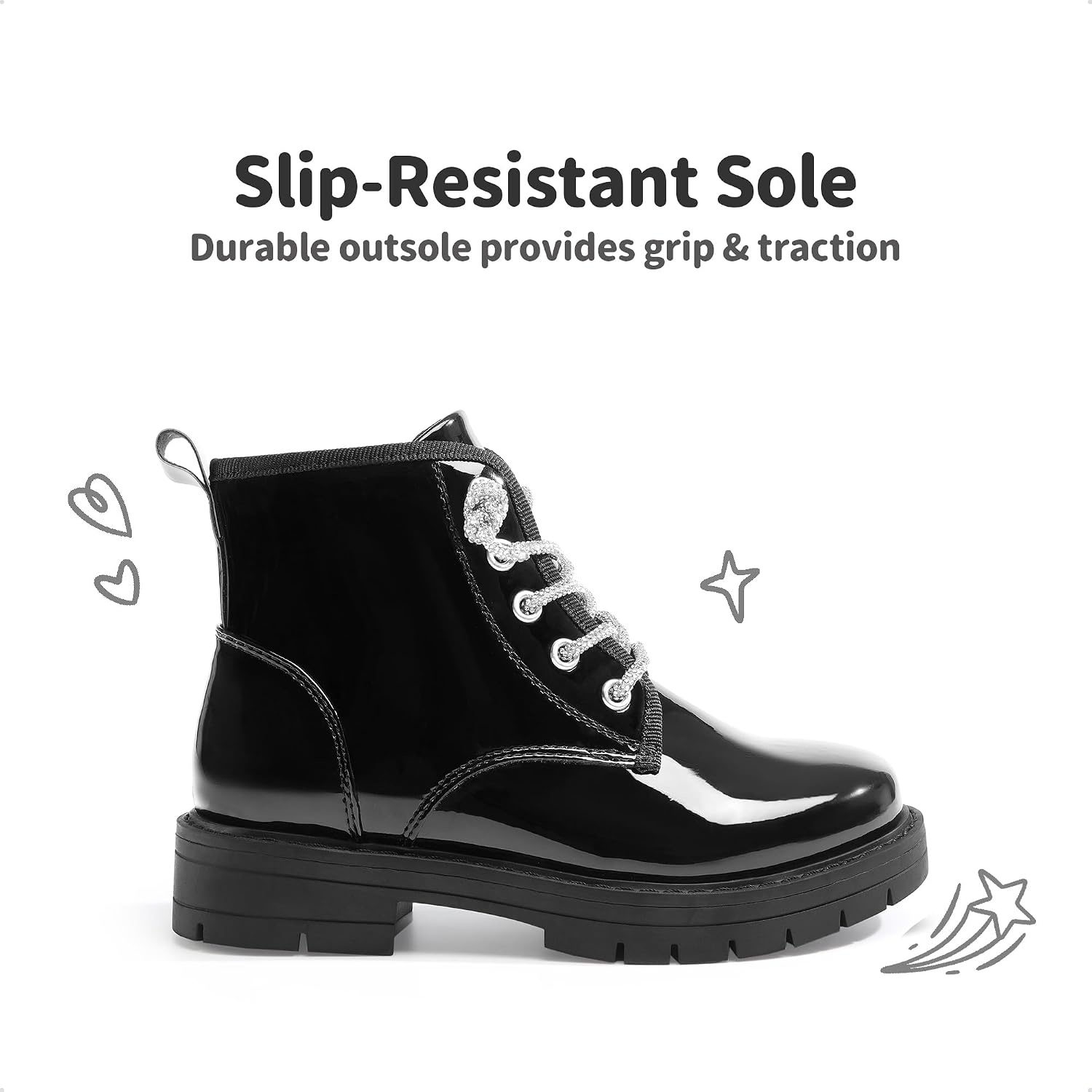 image:imageDREAM PAIRS Girls Combat Ankle Boots Shoes Glittery upper with cushioned footbed and durable rubber outsole for dress up and winterBlackpat