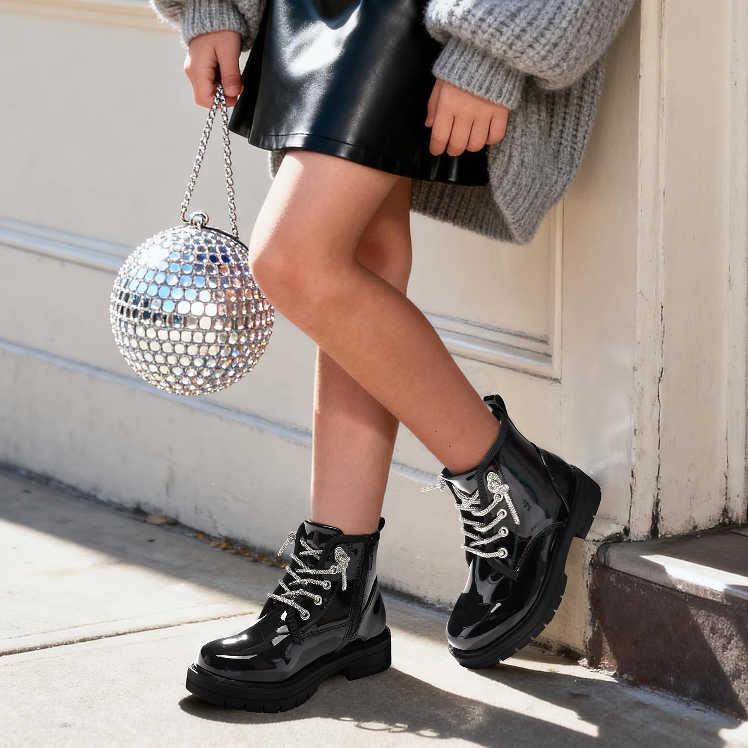 image:imageDREAM PAIRS Girls Combat Ankle Boots Shoes Glittery upper with cushioned footbed and durable rubber outsole for dress up and winterBlackpat