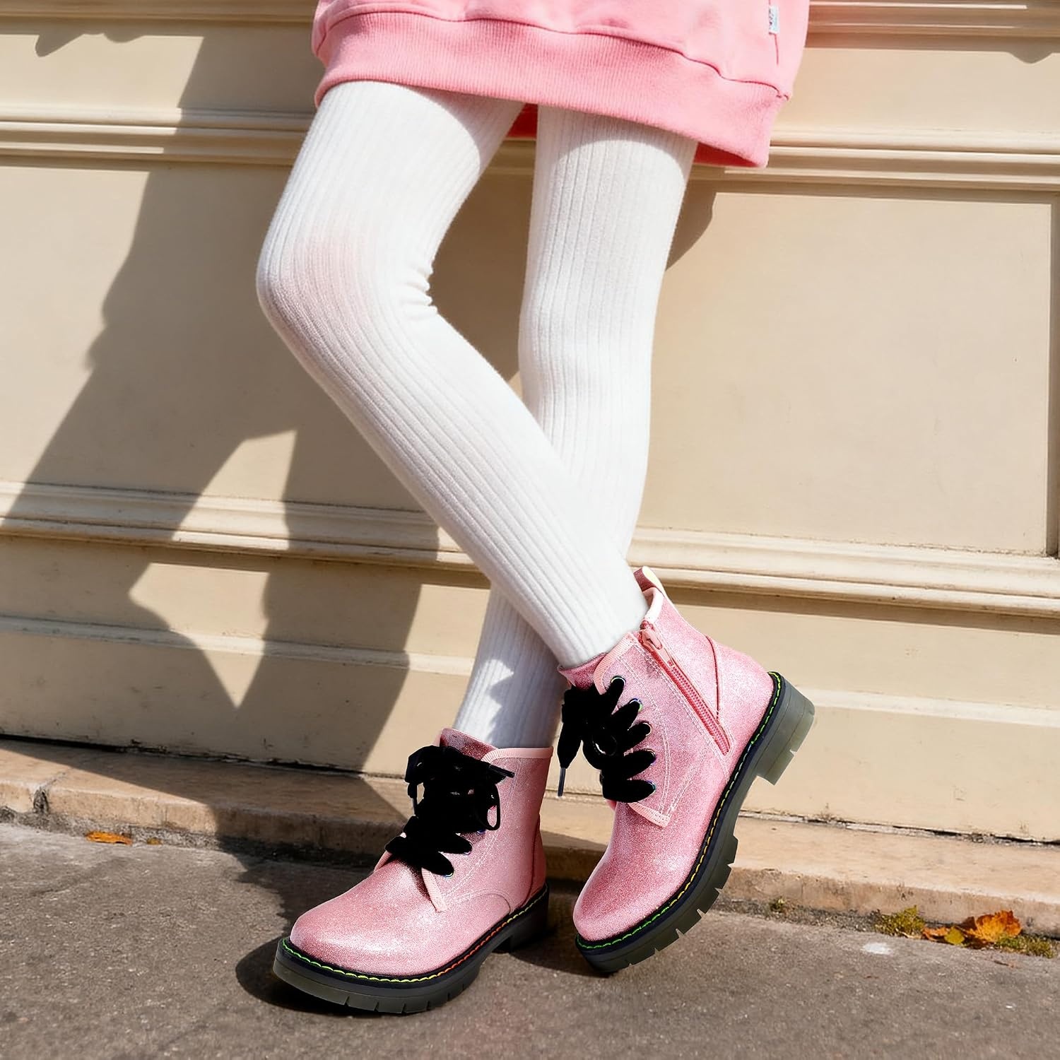 image:imageDREAM PAIRS Girls Combat Ankle Boots Shoes Glittery upper with cushioned footbed and durable rubber outsole for dress up and winterPinkPu