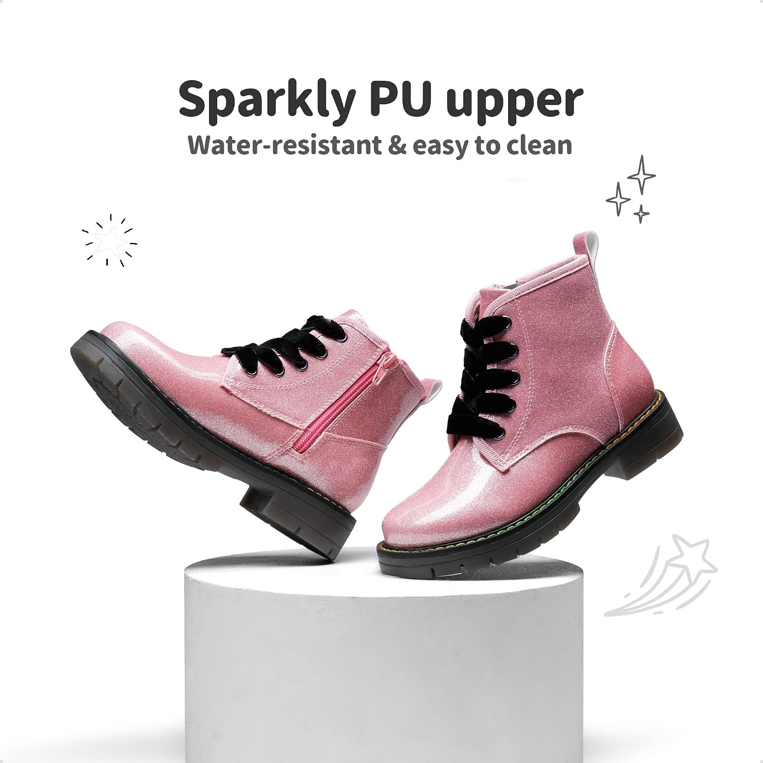 image:imageDREAM PAIRS Girls Combat Ankle Boots Shoes Glittery upper with cushioned footbed and durable rubber outsole for dress up and winterPinkPu