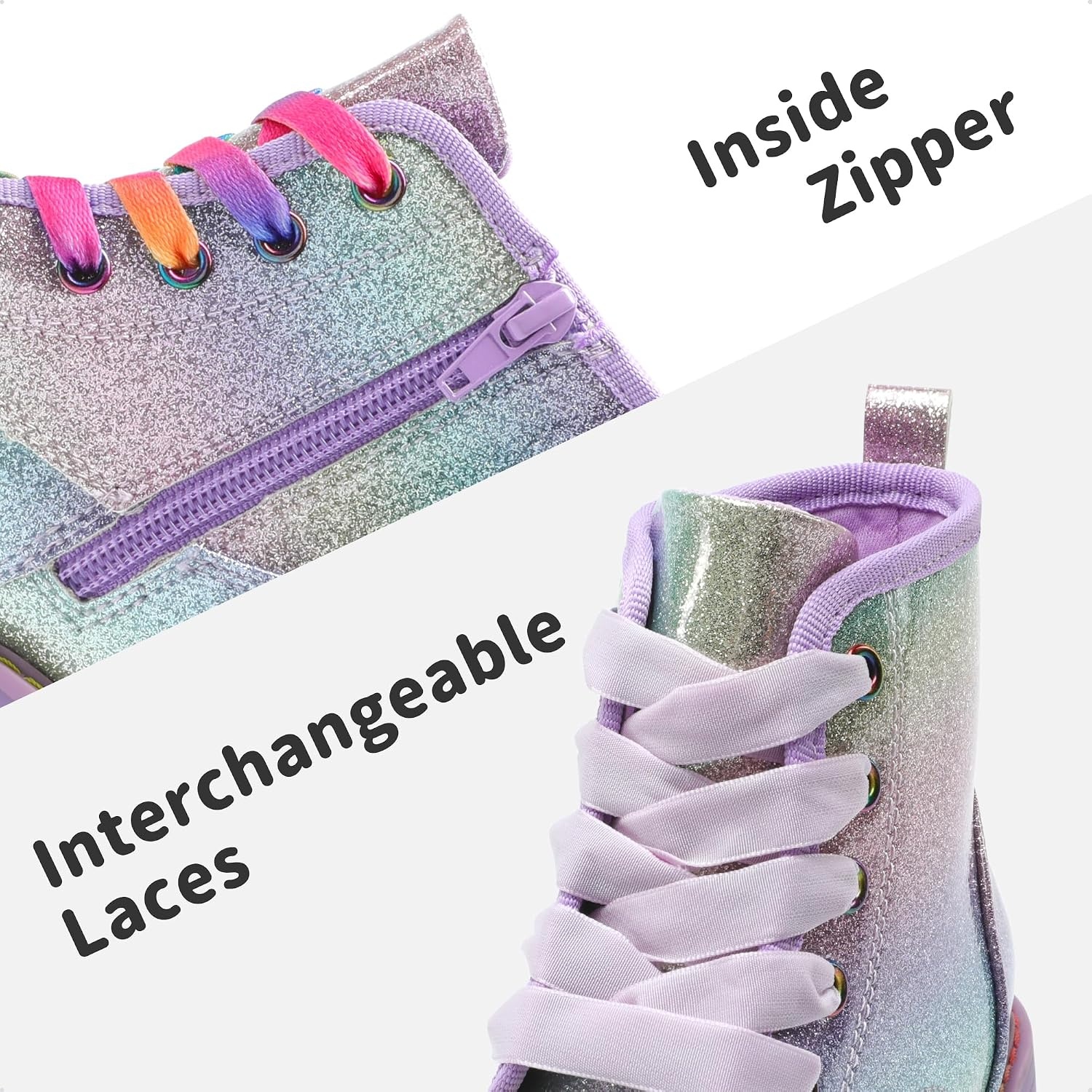 image:imageDREAM PAIRS Girls Combat Ankle Boots Shoes Glittery upper with cushioned footbed and durable rubber outsole for dress up and winterRainbow