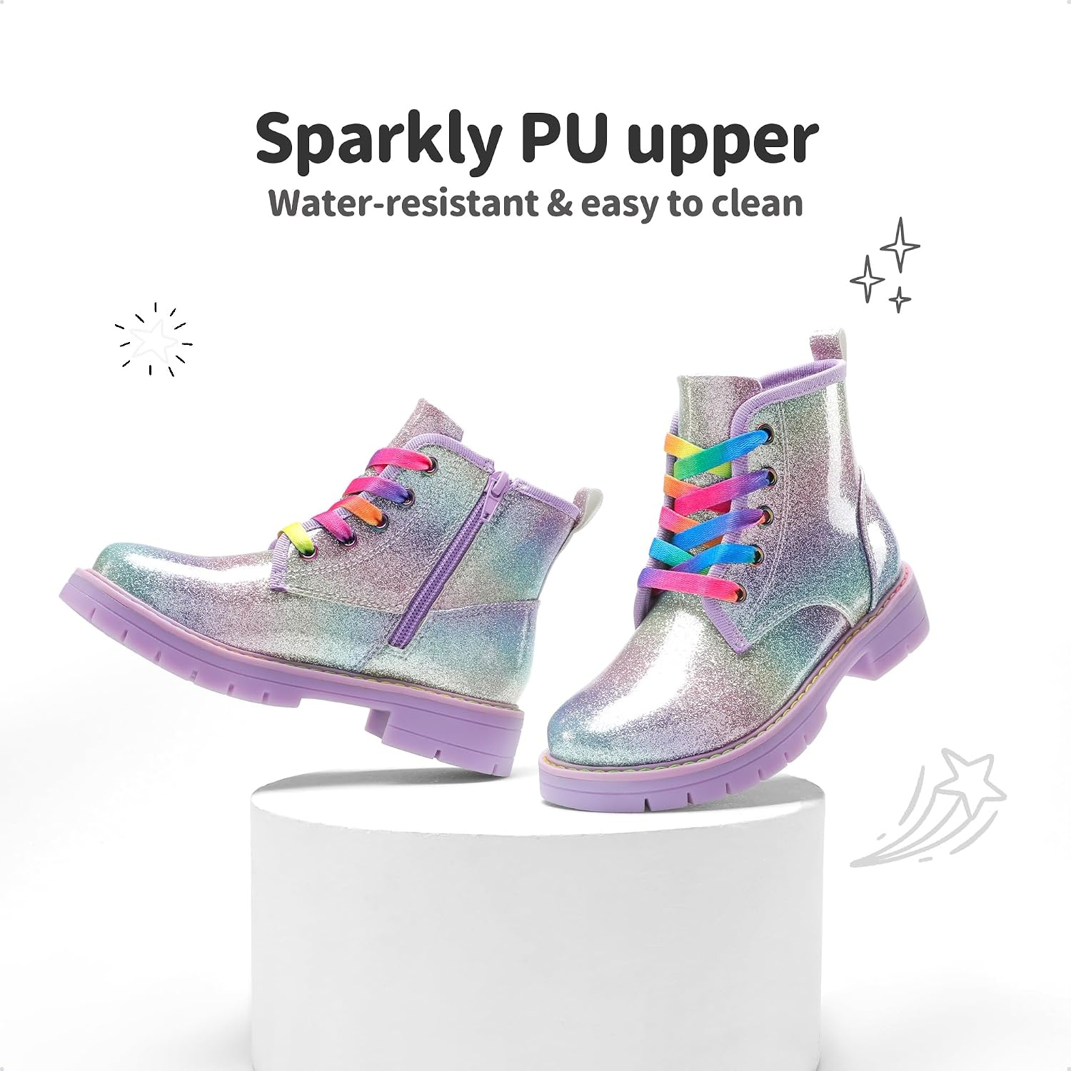 image:imageDREAM PAIRS Girls Combat Ankle Boots Shoes Glittery upper with cushioned footbed and durable rubber outsole for dress up and winterRainbow