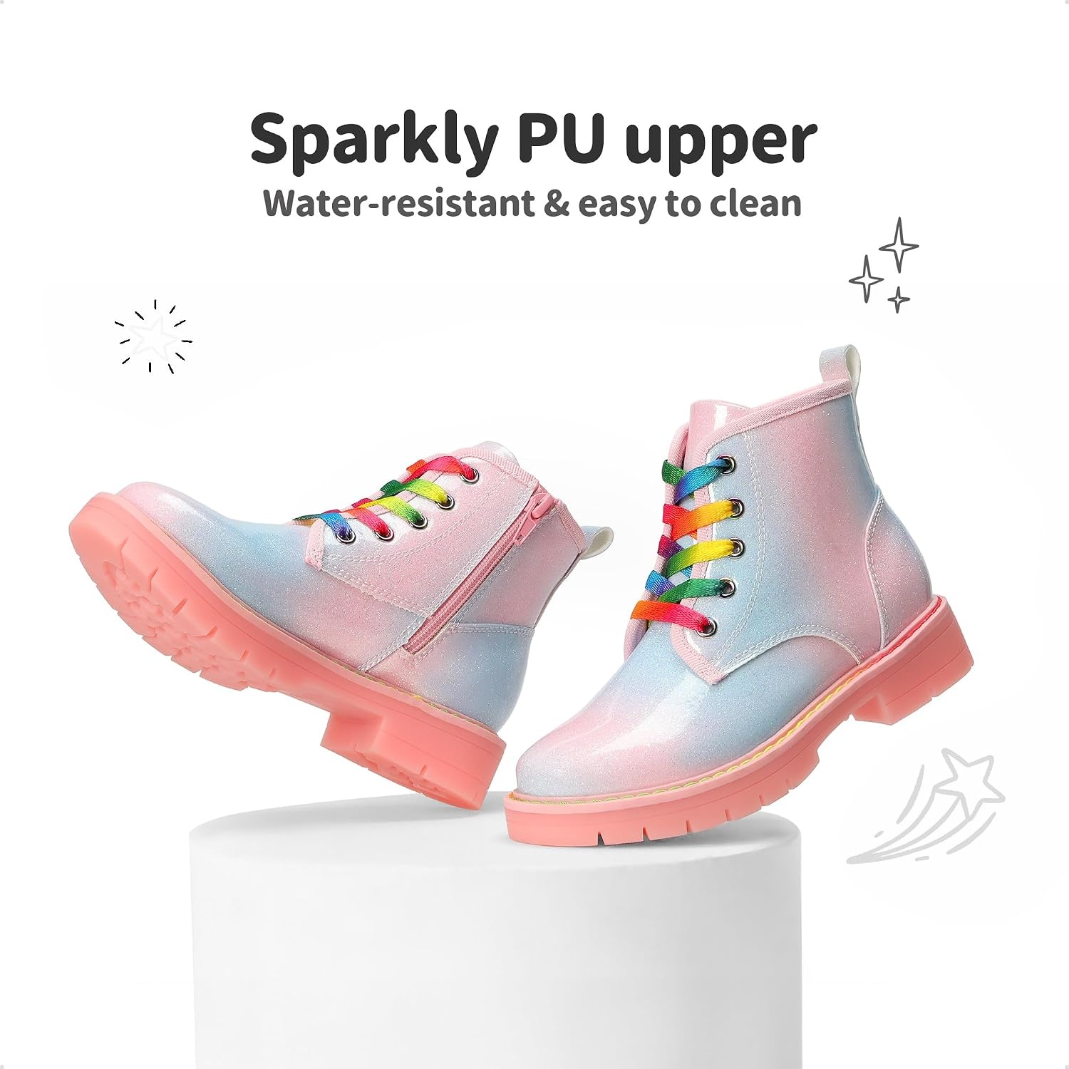 image:imageDREAM PAIRS Girls Combat Ankle Boots Shoes Glittery upper with cushioned footbed and durable rubber outsole for dress up and winterRainbowPink