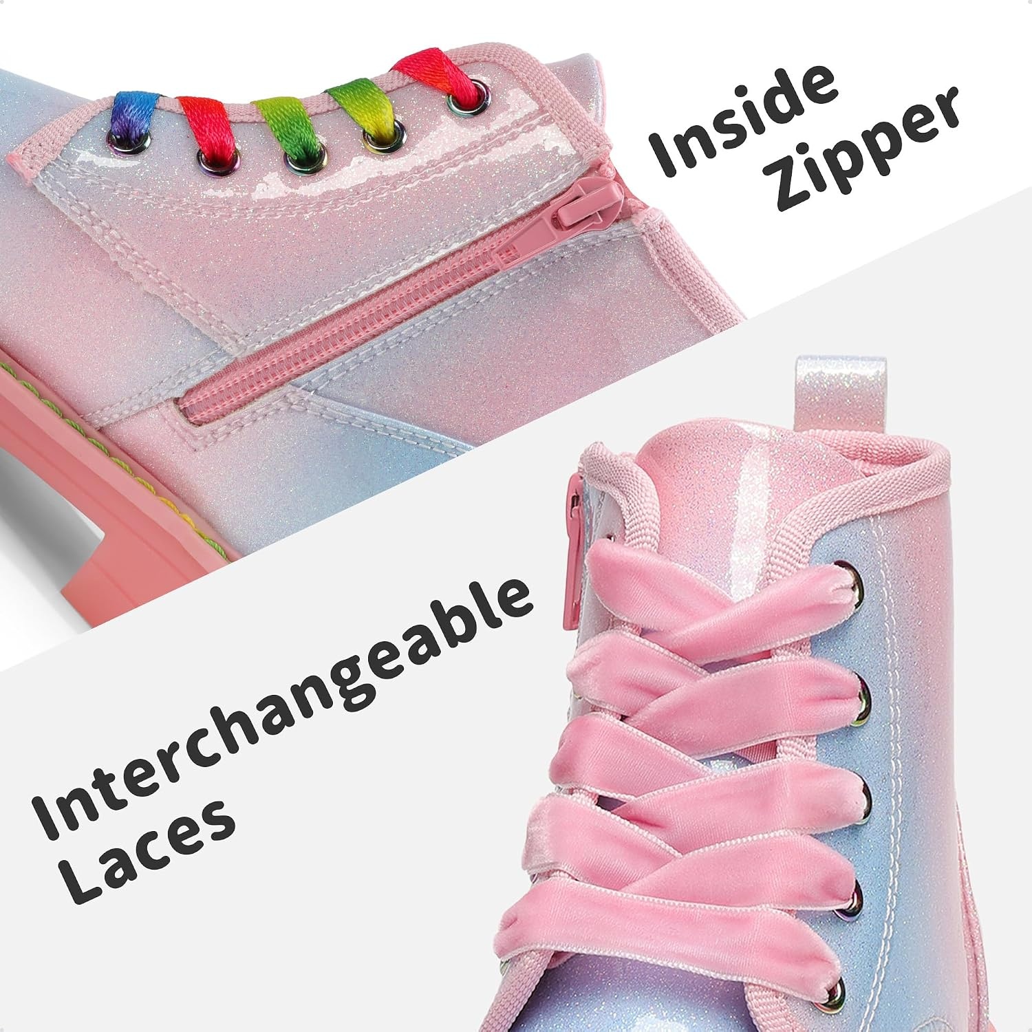image:imageDREAM PAIRS Girls Combat Ankle Boots Shoes Glittery upper with cushioned footbed and durable rubber outsole for dress up and winterRainbowPink