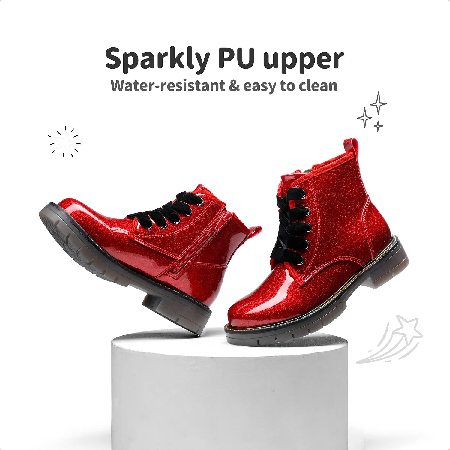 image:imageDREAM PAIRS Girls Combat Ankle Boots Shoes Glittery upper with cushioned footbed and durable rubber outsole for dress up and winterRedPu