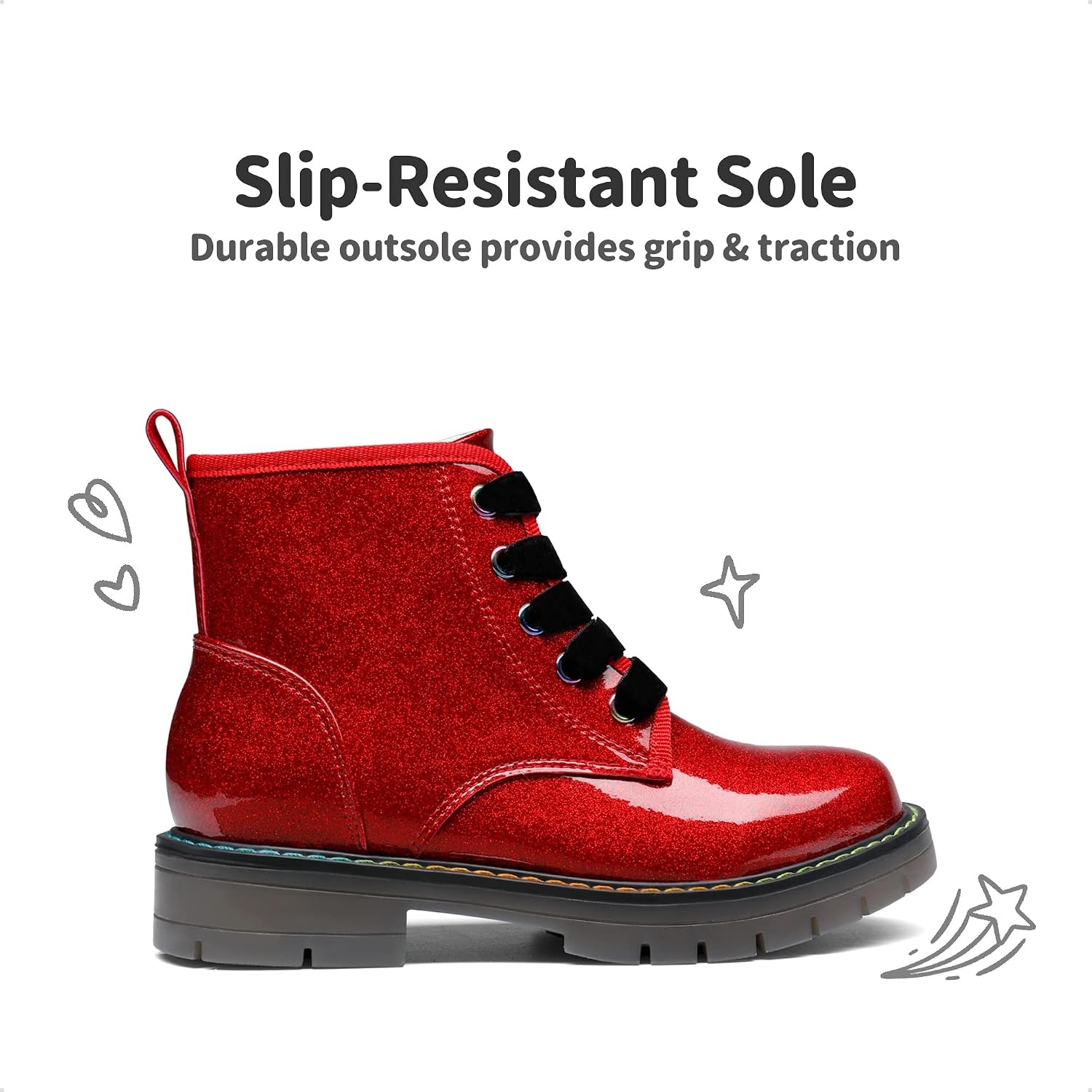 image:imageDREAM PAIRS Girls Combat Ankle Boots Shoes Glittery upper with cushioned footbed and durable rubber outsole for dress up and winterRedPu