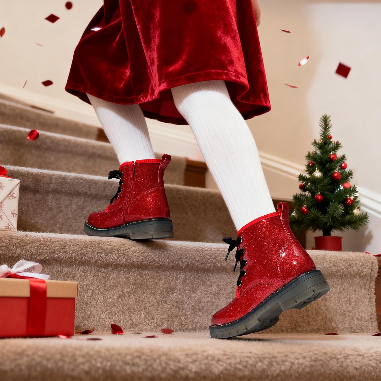 image:imageDREAM PAIRS Girls Combat Ankle Boots Shoes Glittery upper with cushioned footbed and durable rubber outsole for dress up and winterRedPu