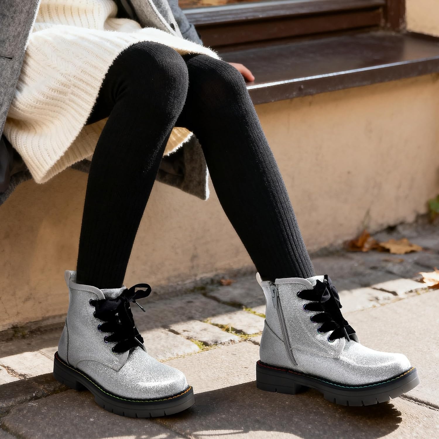 image:imageDREAM PAIRS Girls Combat Ankle Boots Shoes Glittery upper with cushioned footbed and durable rubber outsole for dress up and winterSilverPu