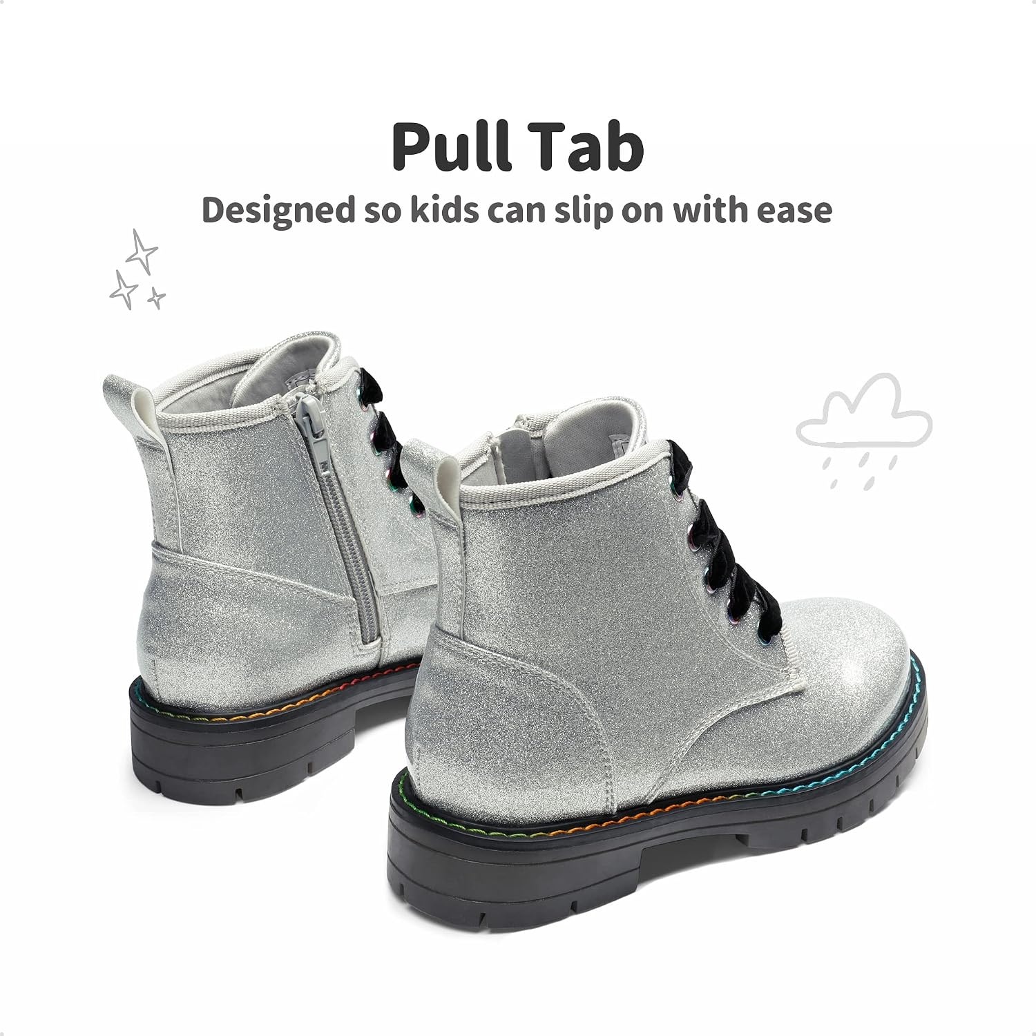 image:imageDREAM PAIRS Girls Combat Ankle Boots Shoes Glittery upper with cushioned footbed and durable rubber outsole for dress up and winterSilverPu