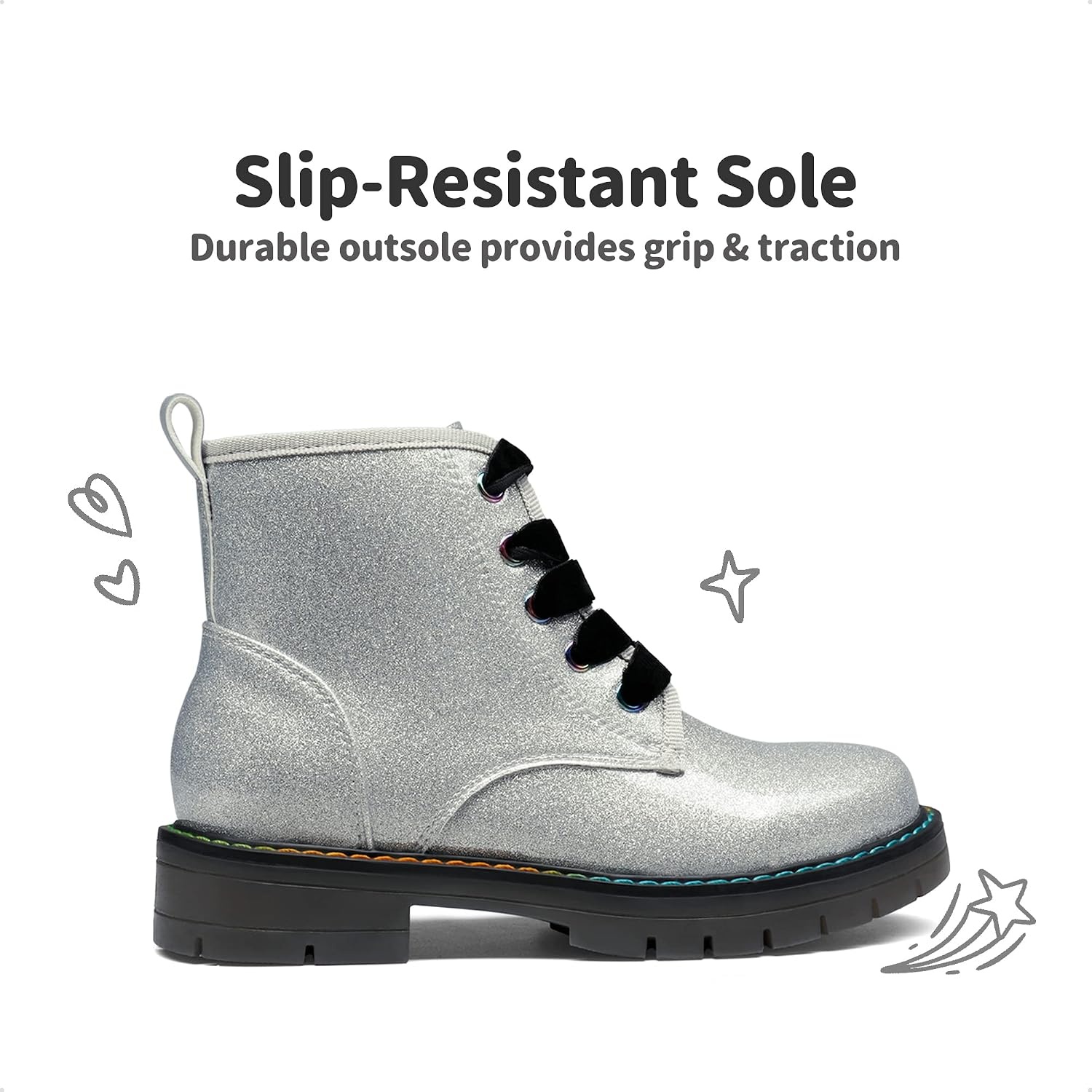 image:imageDREAM PAIRS Girls Combat Ankle Boots Shoes Glittery upper with cushioned footbed and durable rubber outsole for dress up and winterSilverPu