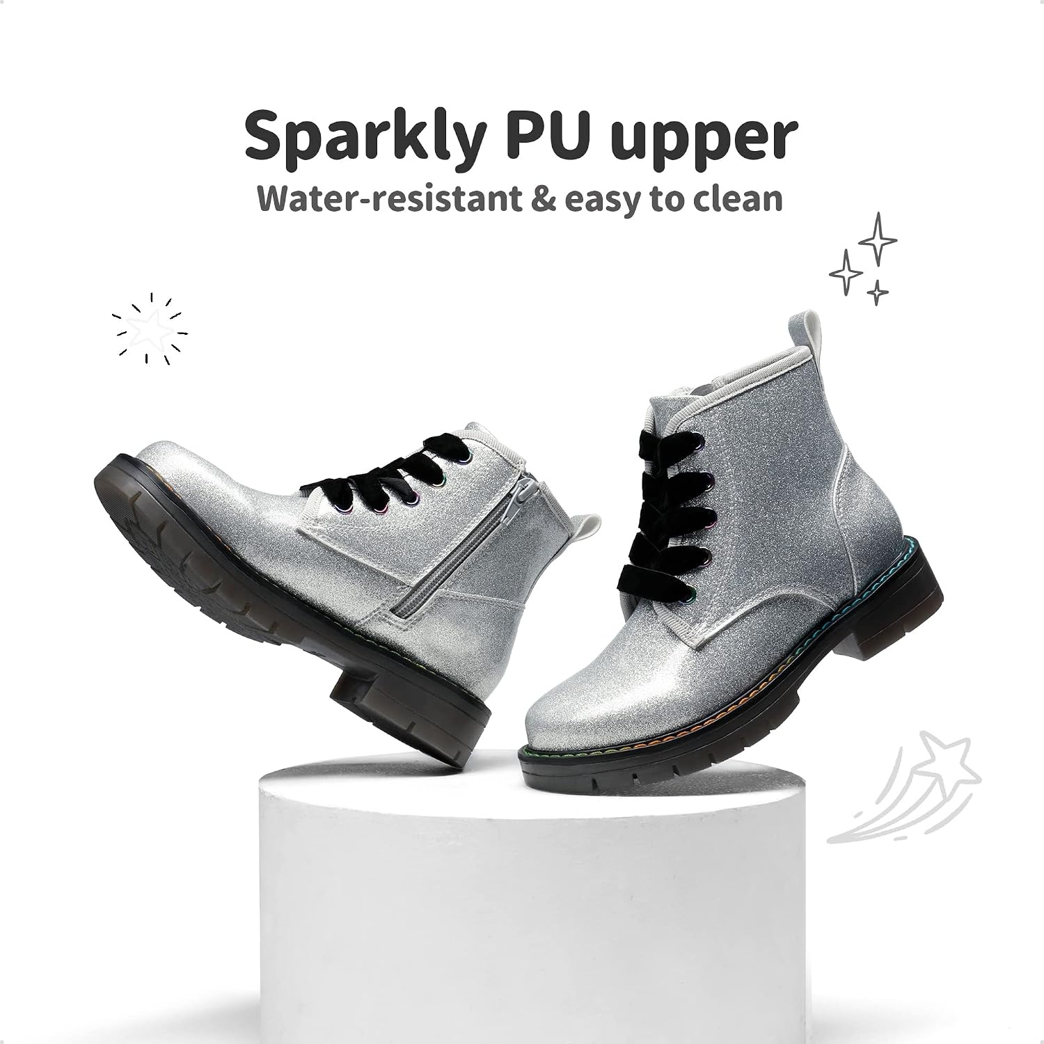 image:imageDREAM PAIRS Girls Combat Ankle Boots Shoes Glittery upper with cushioned footbed and durable rubber outsole for dress up and winterSilverPu