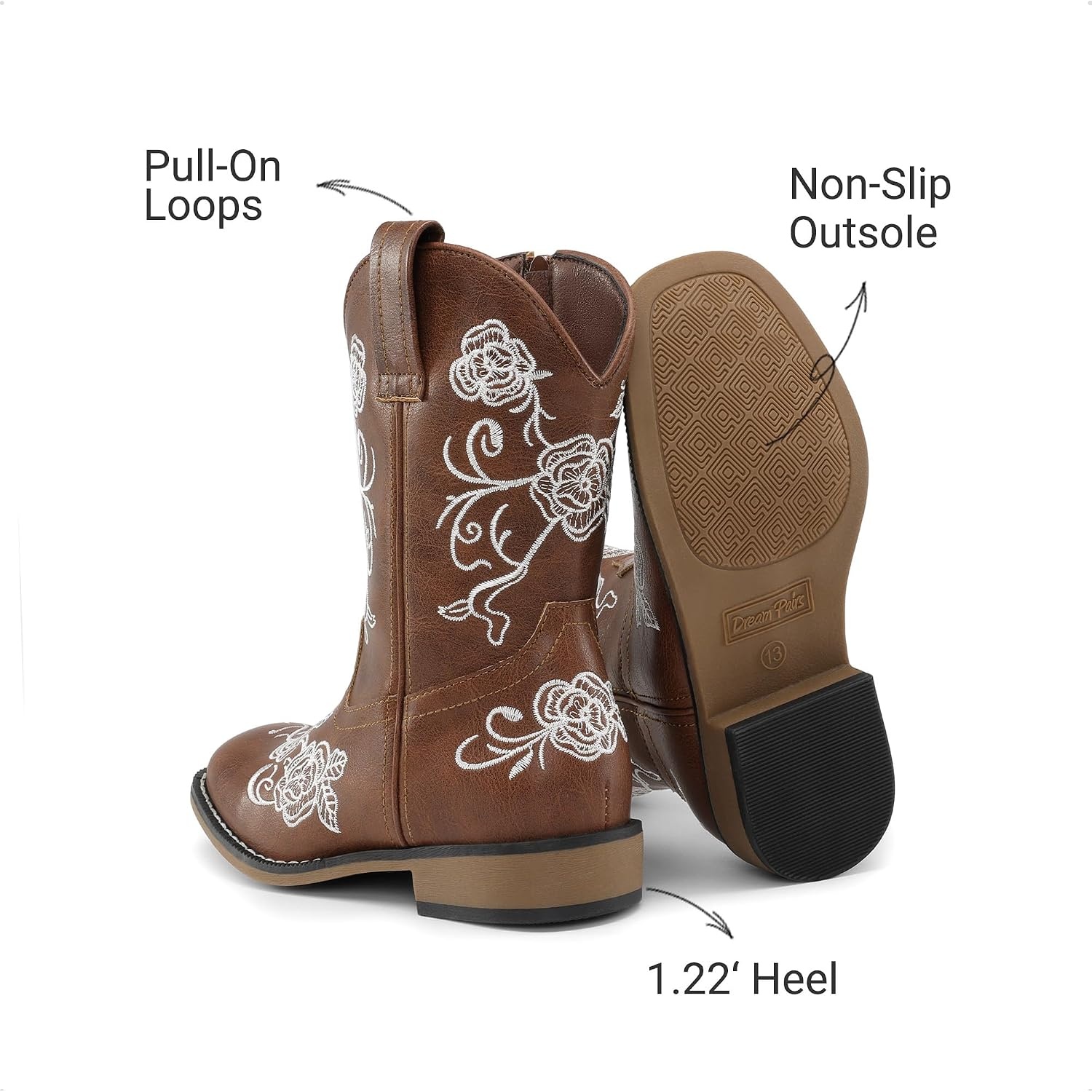image:imageDREAM PAIRS Girls Cowboy Cowgirl Western Boots Floral Embroidered Classic Western Cowgirl Boots Square Toe Mid Calf Side Zipper Horsing PartyBrown