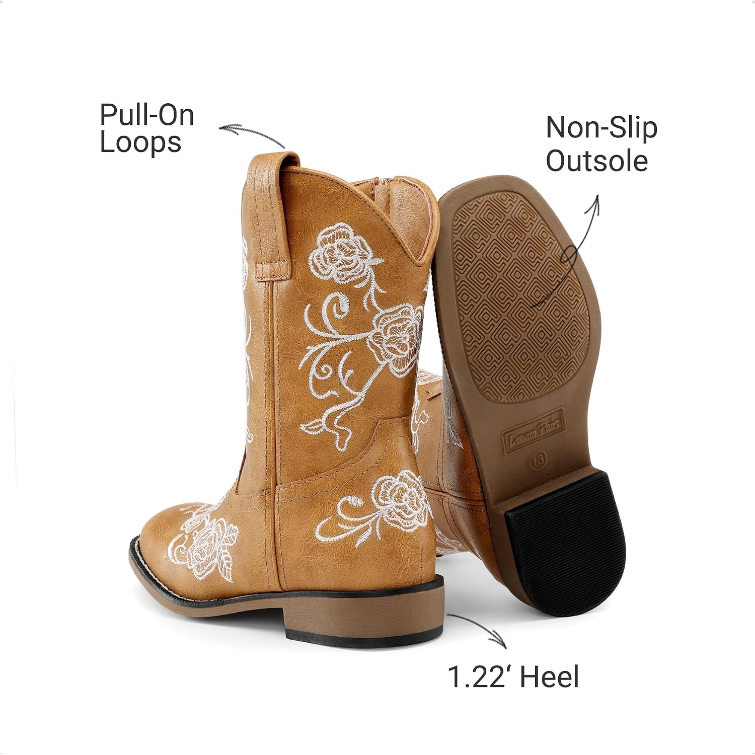 image:imageDREAM PAIRS Girls Cowboy Cowgirl Western Boots Floral Embroidered Classic Western Cowgirl Boots Square Toe Mid Calf Side Zipper Horsing PartyCamel