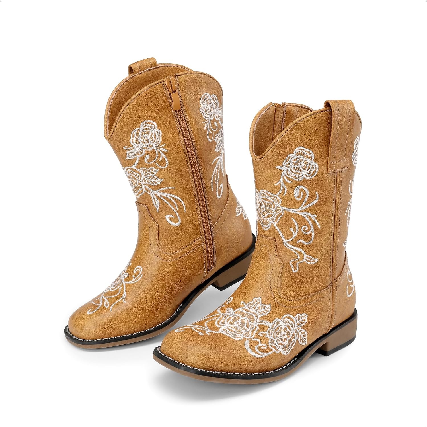 image:imageDREAM PAIRS Girls Cowboy Cowgirl Western Boots Floral Embroidered Classic Western Cowgirl Boots Square Toe Mid Calf Side Zipper Horsing PartyCamel