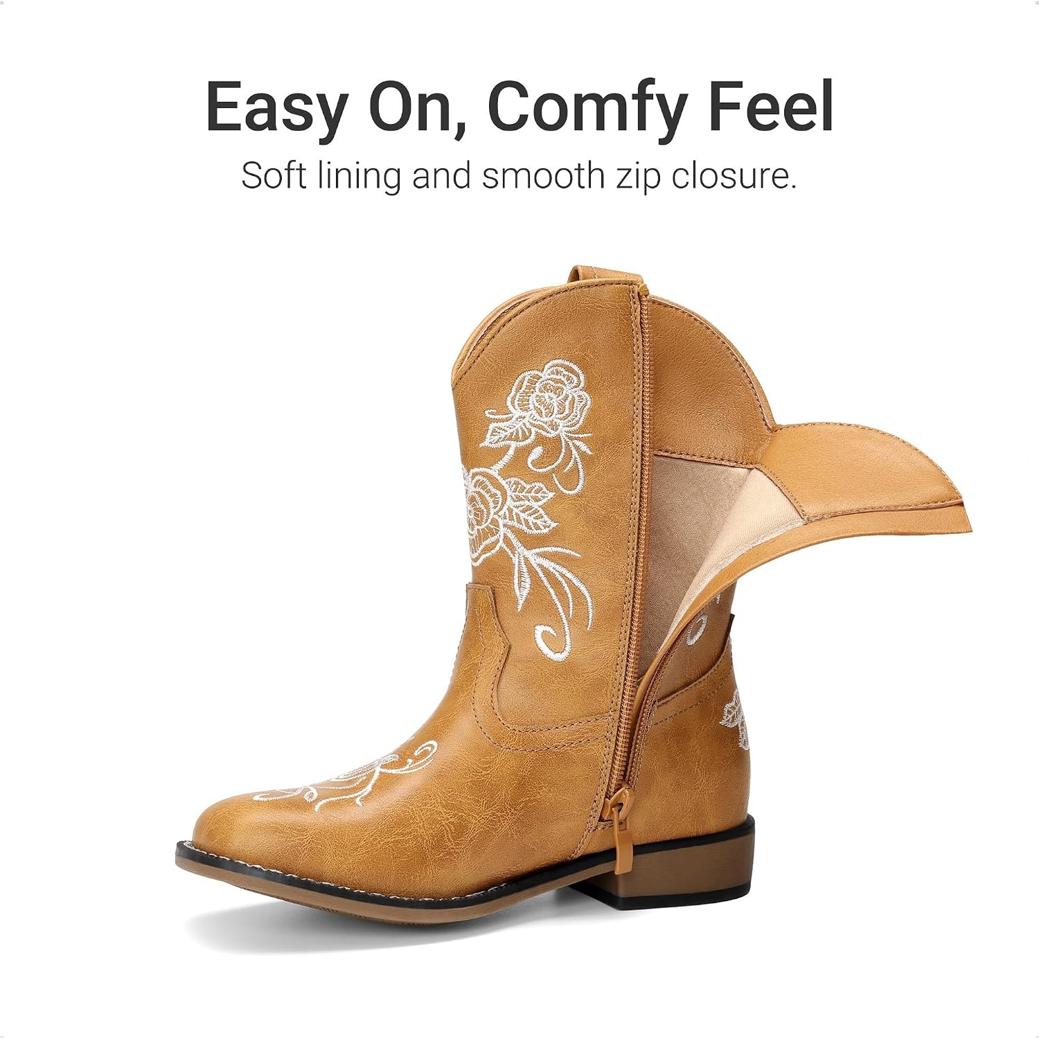 image:imageDREAM PAIRS Girls Cowboy Cowgirl Western Boots Floral Embroidered Classic Western Cowgirl Boots Square Toe Mid Calf Side Zipper Horsing PartyCamel