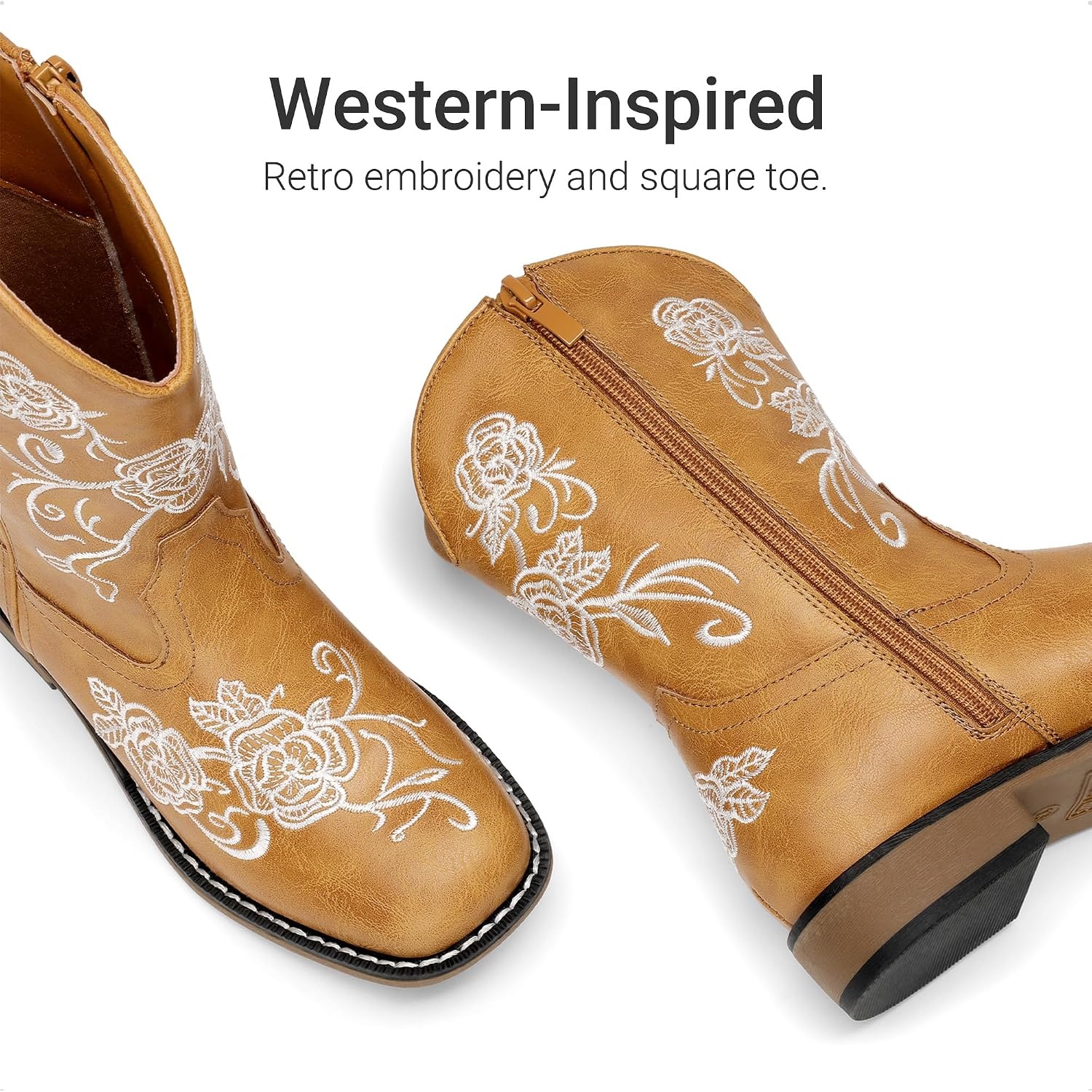 image:imageDREAM PAIRS Girls Cowboy Cowgirl Western Boots Floral Embroidered Classic Western Cowgirl Boots Square Toe Mid Calf Side Zipper Horsing PartyCamel