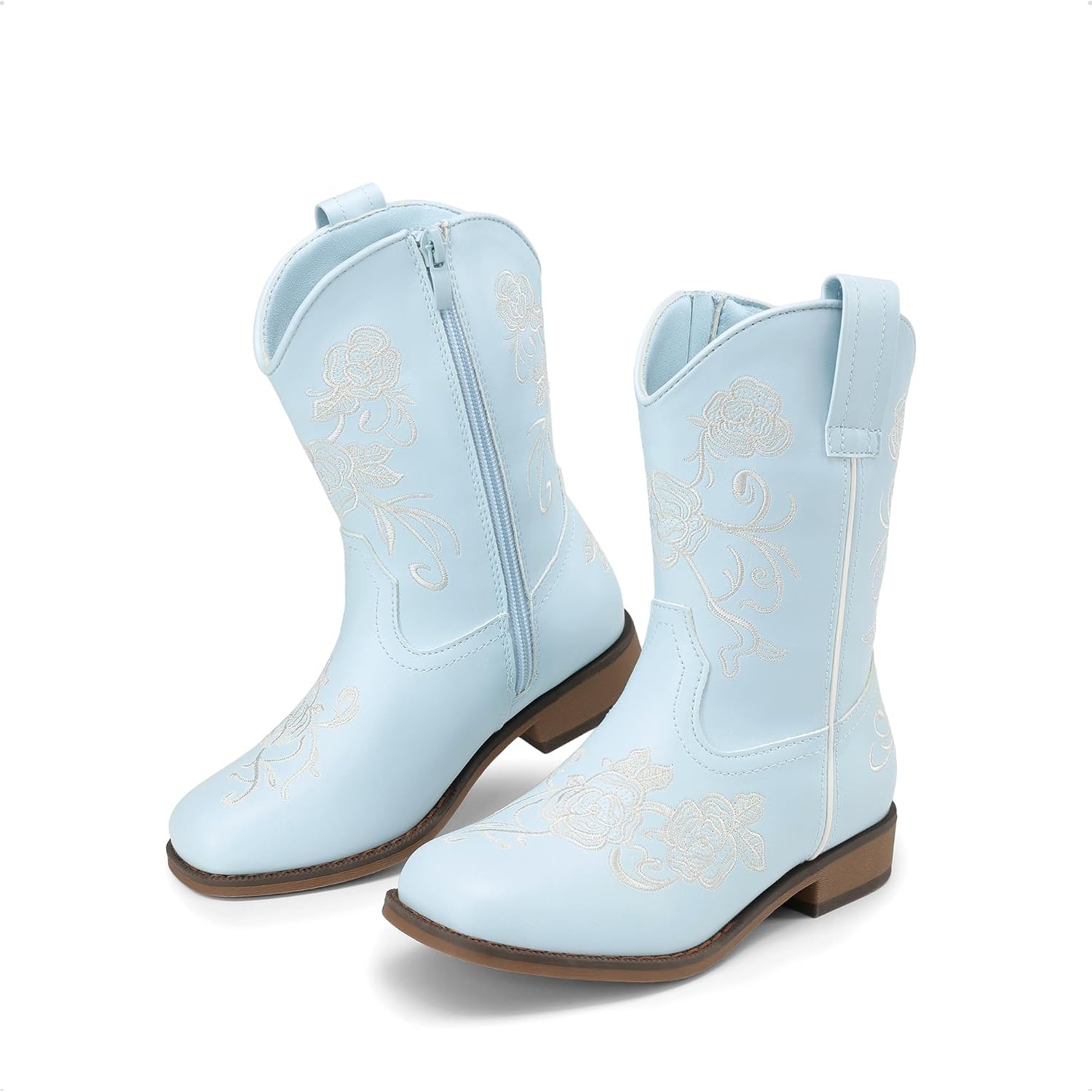 image:imageDREAM PAIRS Girls Cowboy Cowgirl Western Boots Floral Embroidered Classic Western Cowgirl Boots Square Toe Mid Calf Side Zipper Horsing PartyLight Blue