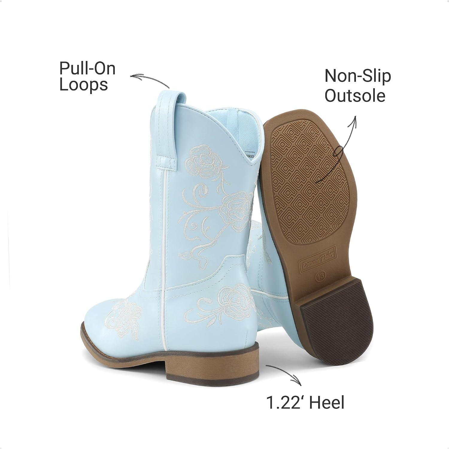 image:imageDREAM PAIRS Girls Cowboy Cowgirl Western Boots Floral Embroidered Classic Western Cowgirl Boots Square Toe Mid Calf Side Zipper Horsing PartyLight Blue