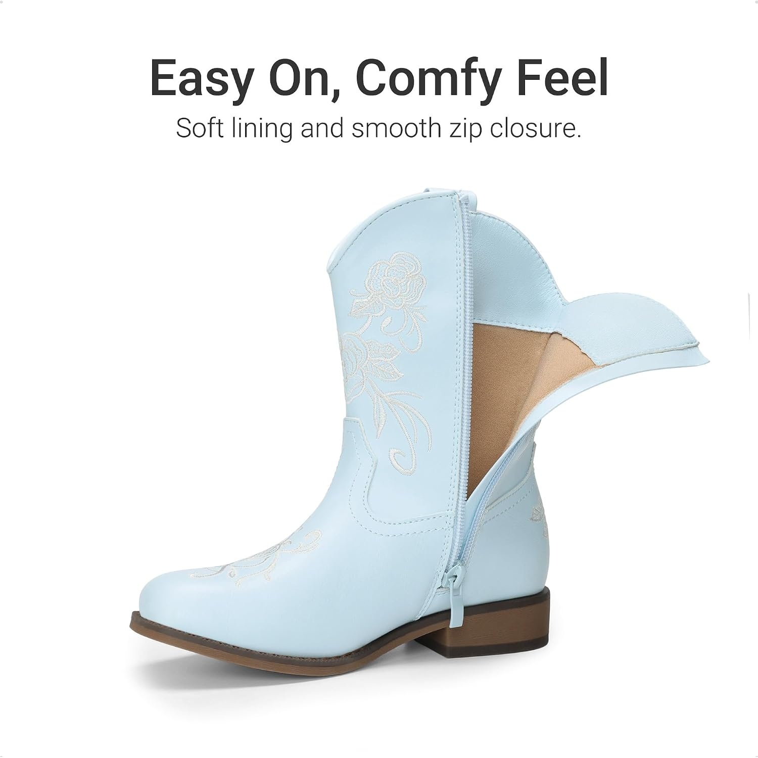 image:imageDREAM PAIRS Girls Cowboy Cowgirl Western Boots Floral Embroidered Classic Western Cowgirl Boots Square Toe Mid Calf Side Zipper Horsing PartyLight Blue