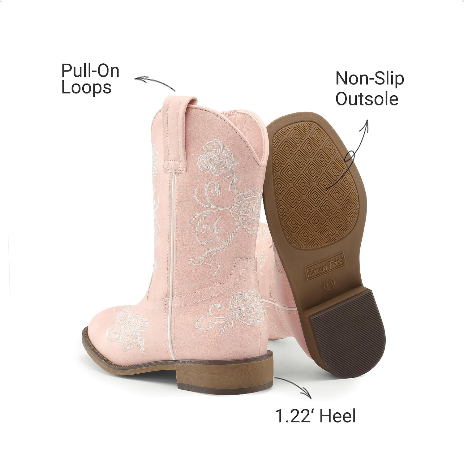 image:imageDREAM PAIRS Girls Cowboy Cowgirl Western Boots Floral Embroidered Classic Western Cowgirl Boots Square Toe Mid Calf Side Zipper Horsing PartyPink