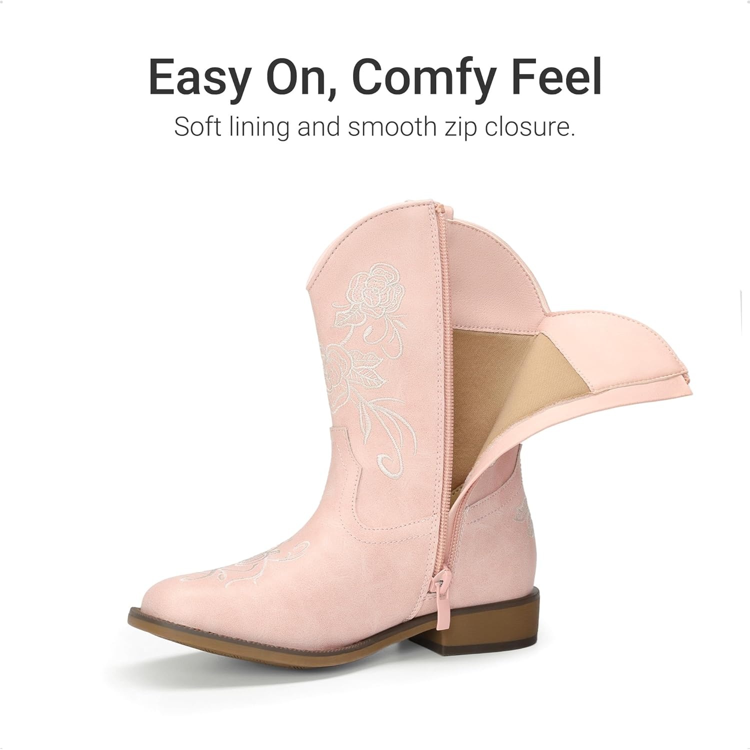 image:imageDREAM PAIRS Girls Cowboy Cowgirl Western Boots Floral Embroidered Classic Western Cowgirl Boots Square Toe Mid Calf Side Zipper Horsing PartyPink