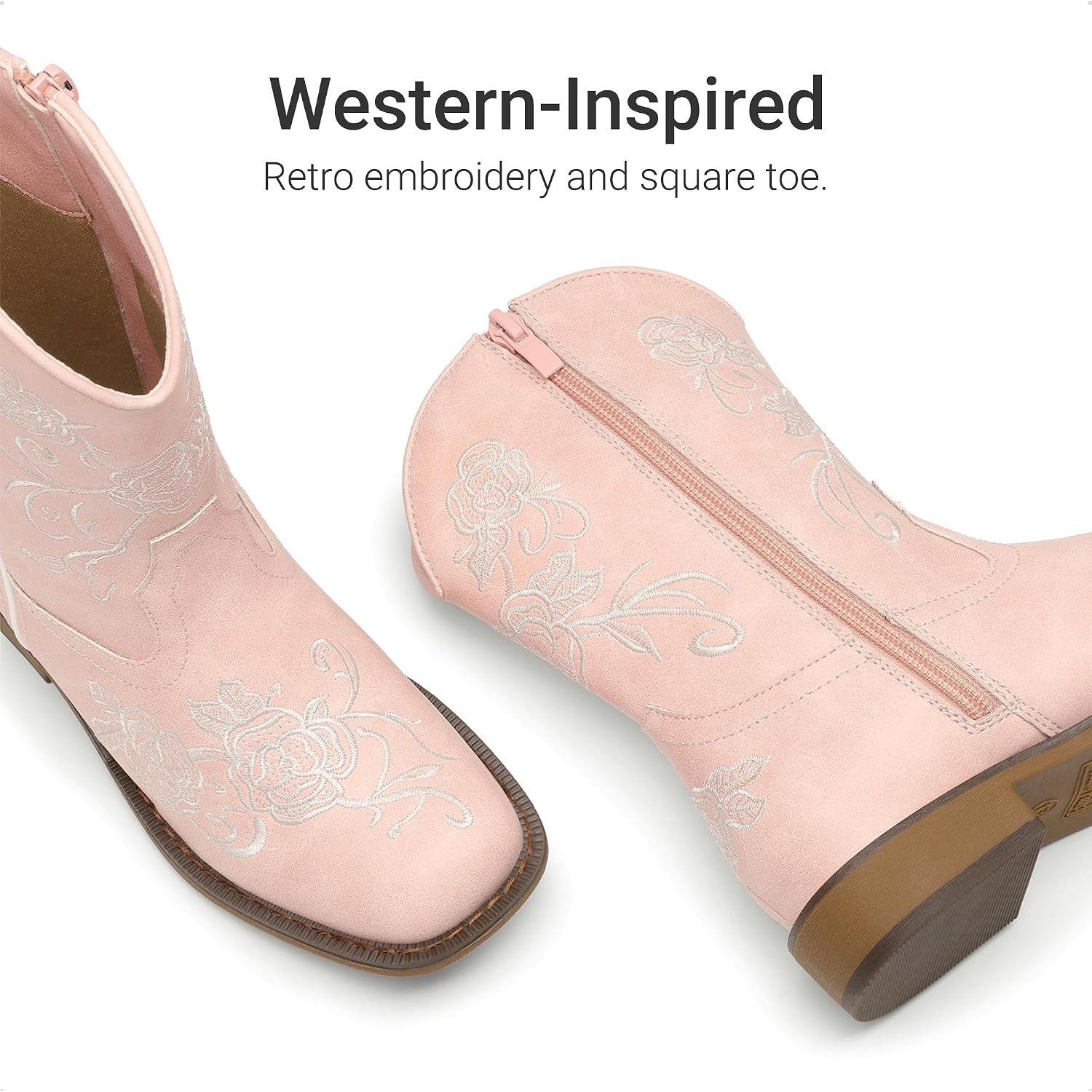 image:imageDREAM PAIRS Girls Cowboy Cowgirl Western Boots Floral Embroidered Classic Western Cowgirl Boots Square Toe Mid Calf Side Zipper Horsing PartyPink