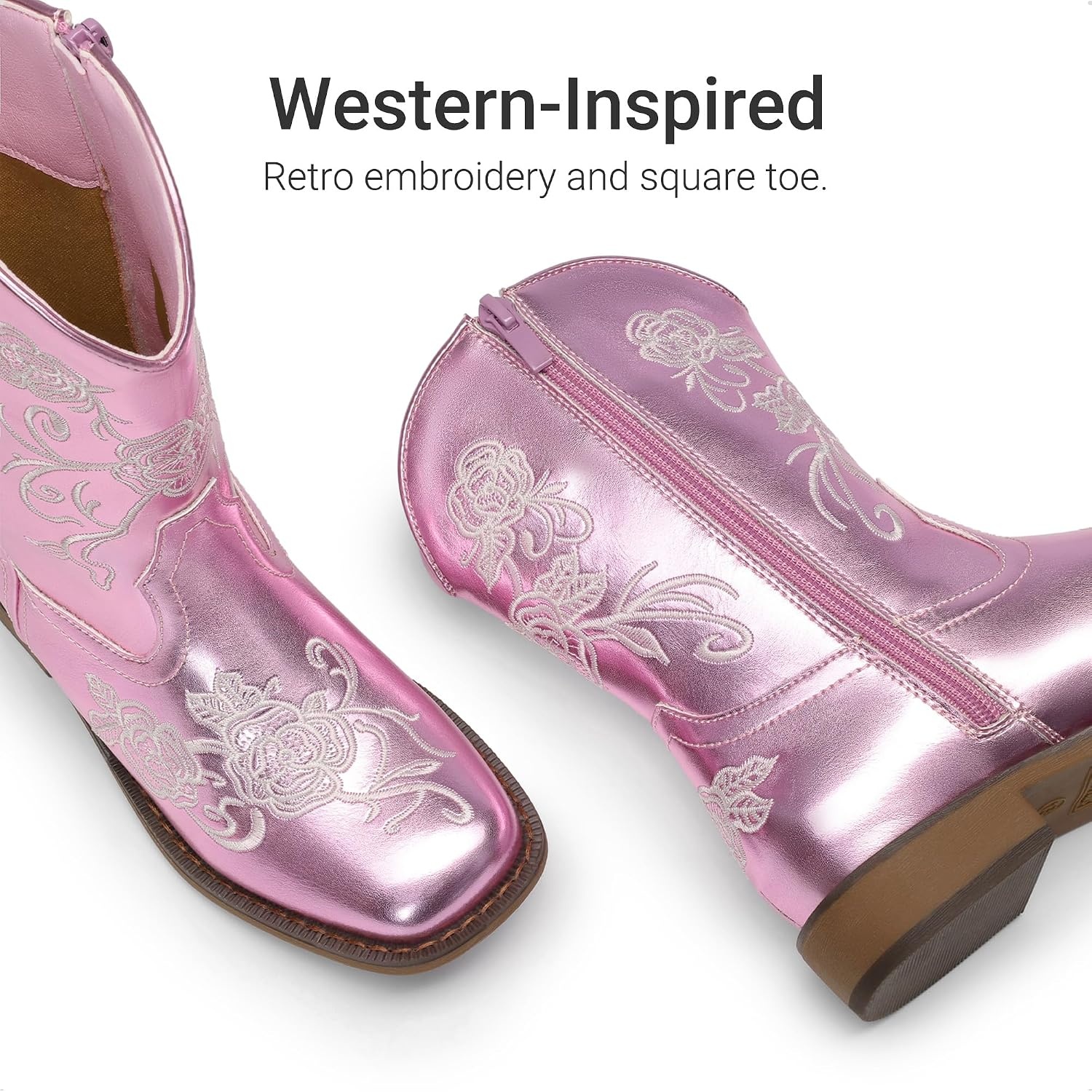 image:imageDREAM PAIRS Girls Cowboy Cowgirl Western Boots Floral Embroidered Classic Western Cowgirl Boots Square Toe Mid Calf Side Zipper Horsing PartyPurple