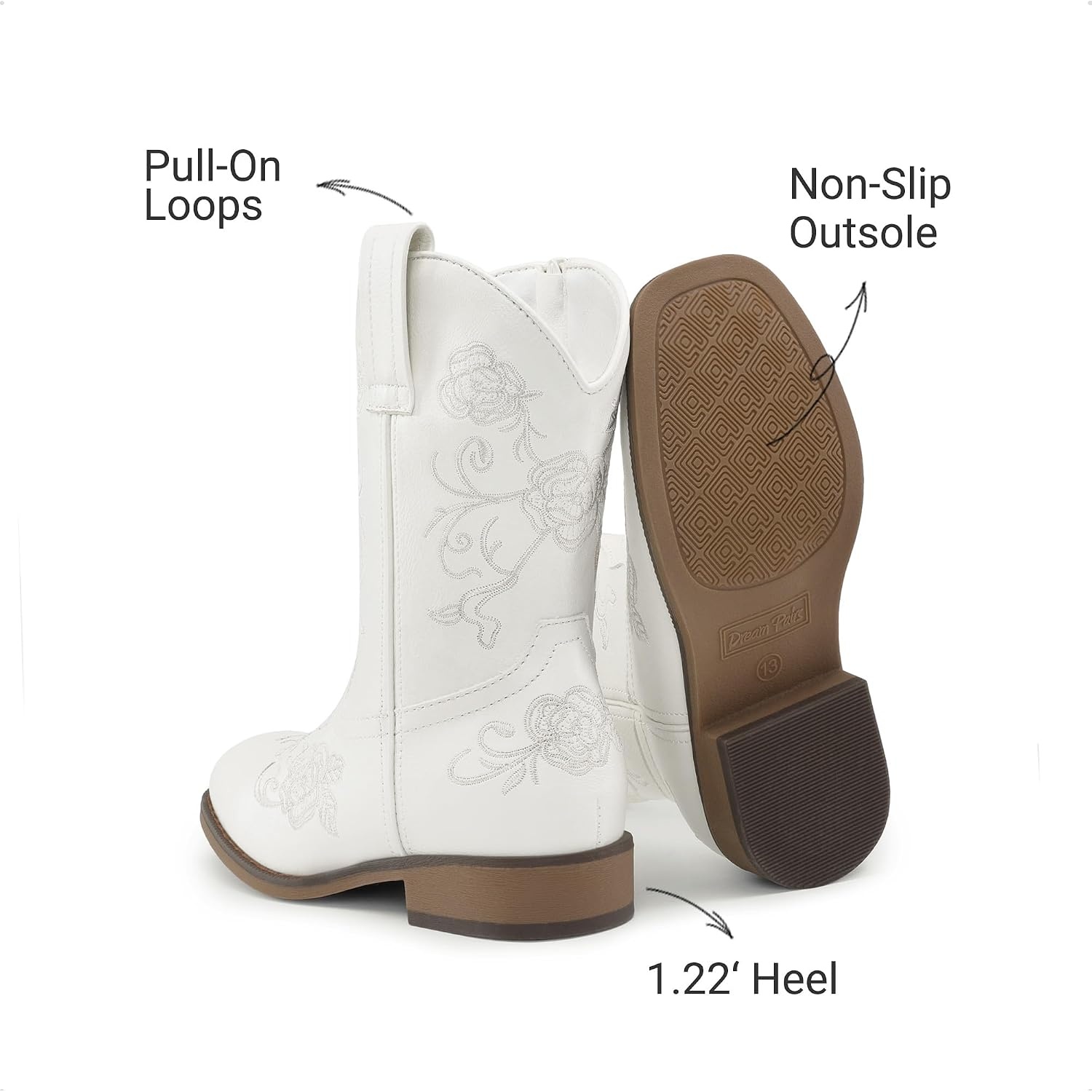 image:imageDREAM PAIRS Girls Cowboy Cowgirl Western Boots Floral Embroidered Classic Western Cowgirl Boots Square Toe Mid Calf Side Zipper Horsing PartyWhite