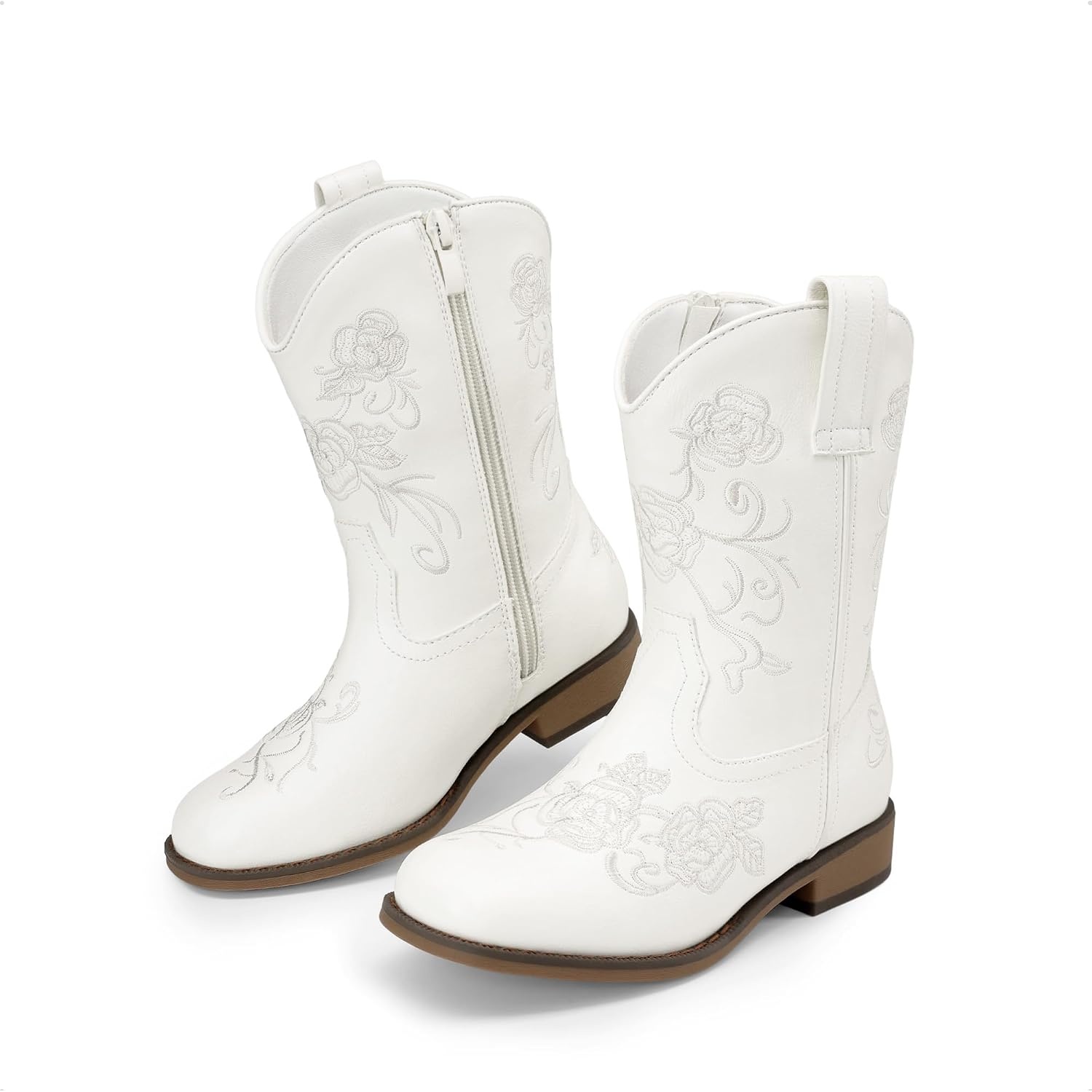 image:imageDREAM PAIRS Girls Cowboy Cowgirl Western Boots Floral Embroidered Classic Western Cowgirl Boots Square Toe Mid Calf Side Zipper Horsing PartyWhite