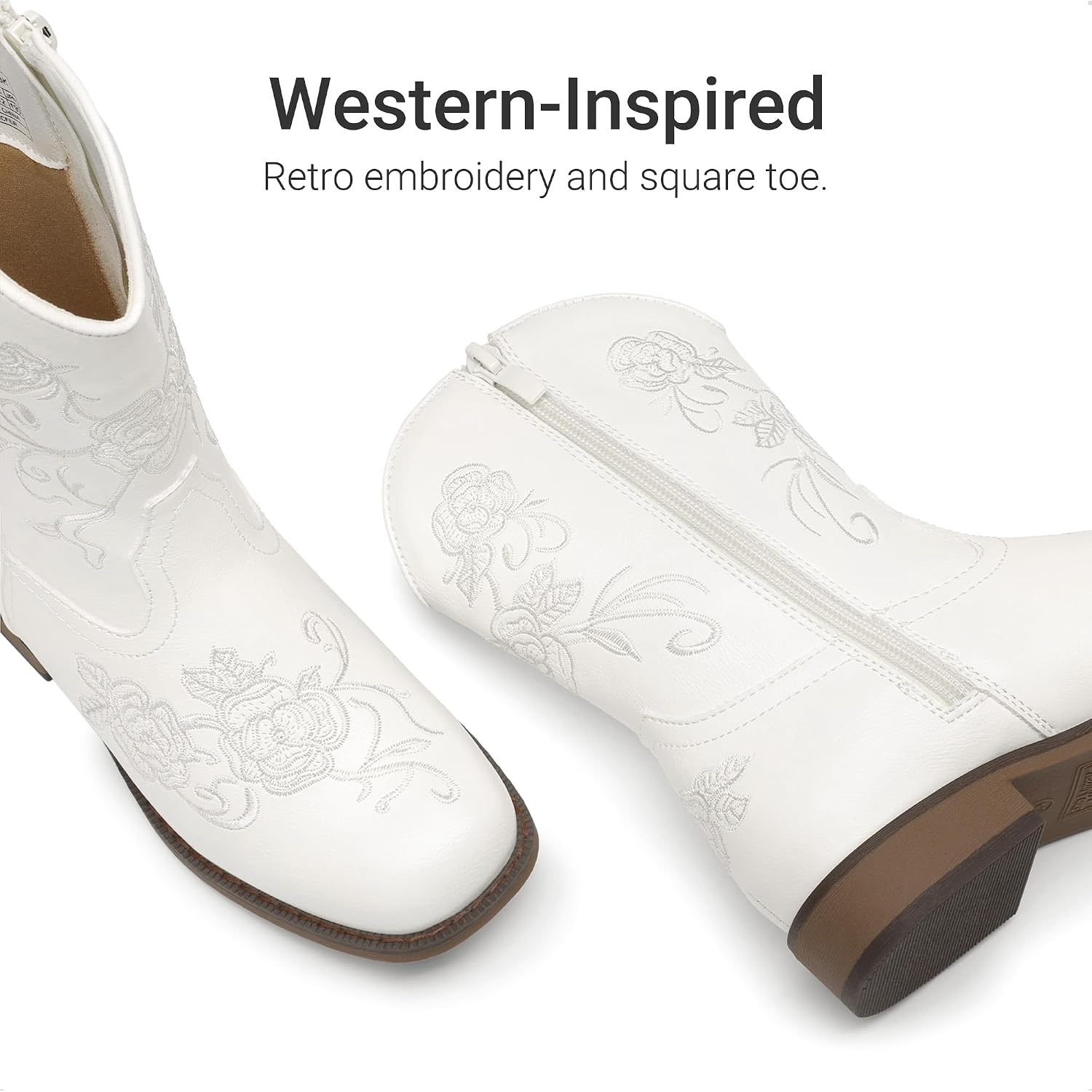 image:imageDREAM PAIRS Girls Cowboy Cowgirl Western Boots Floral Embroidered Classic Western Cowgirl Boots Square Toe Mid Calf Side Zipper Horsing PartyWhite