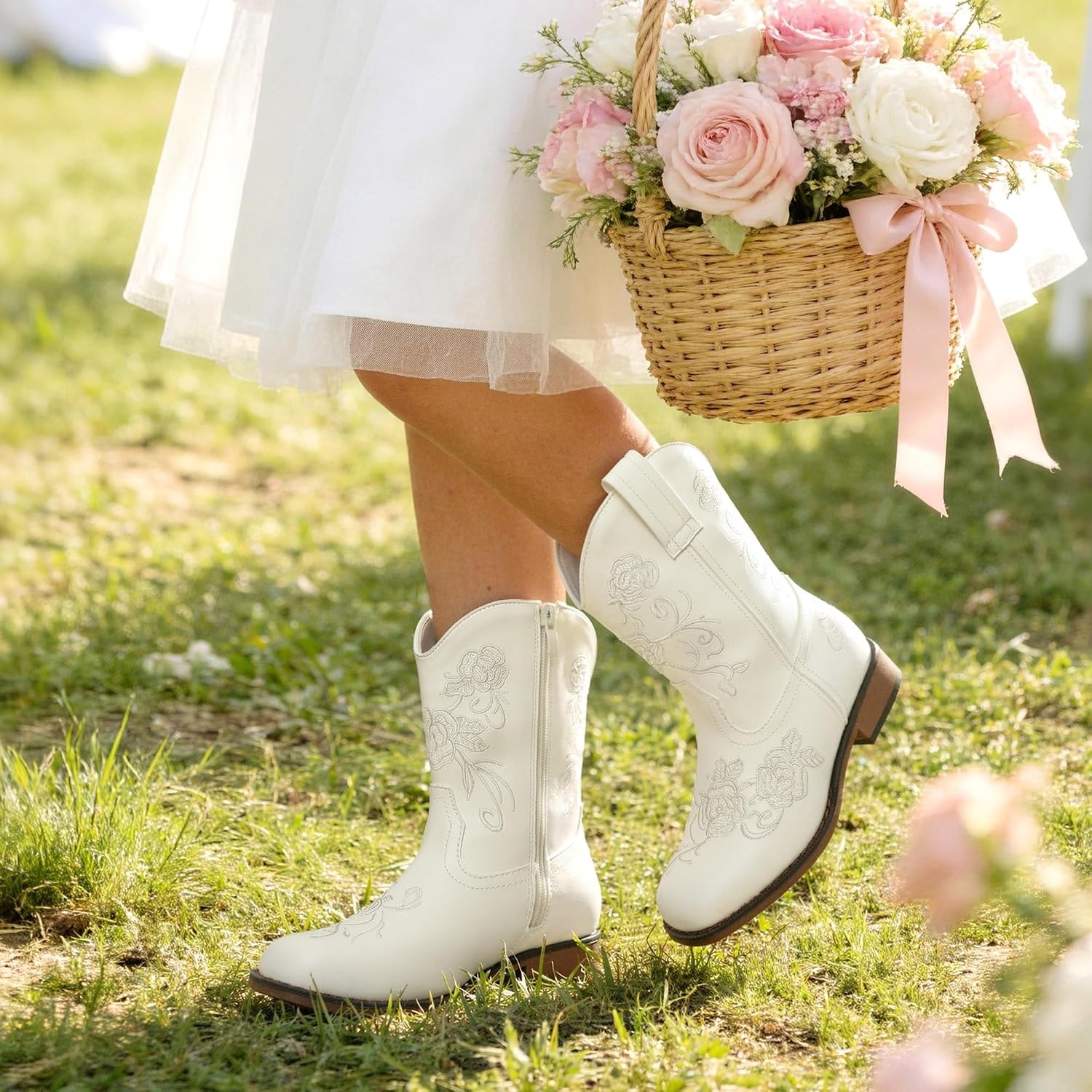 image:imageDREAM PAIRS Girls Cowboy Cowgirl Western Boots Floral Embroidered Classic Western Cowgirl Boots Square Toe Mid Calf Side Zipper Horsing PartyWhite