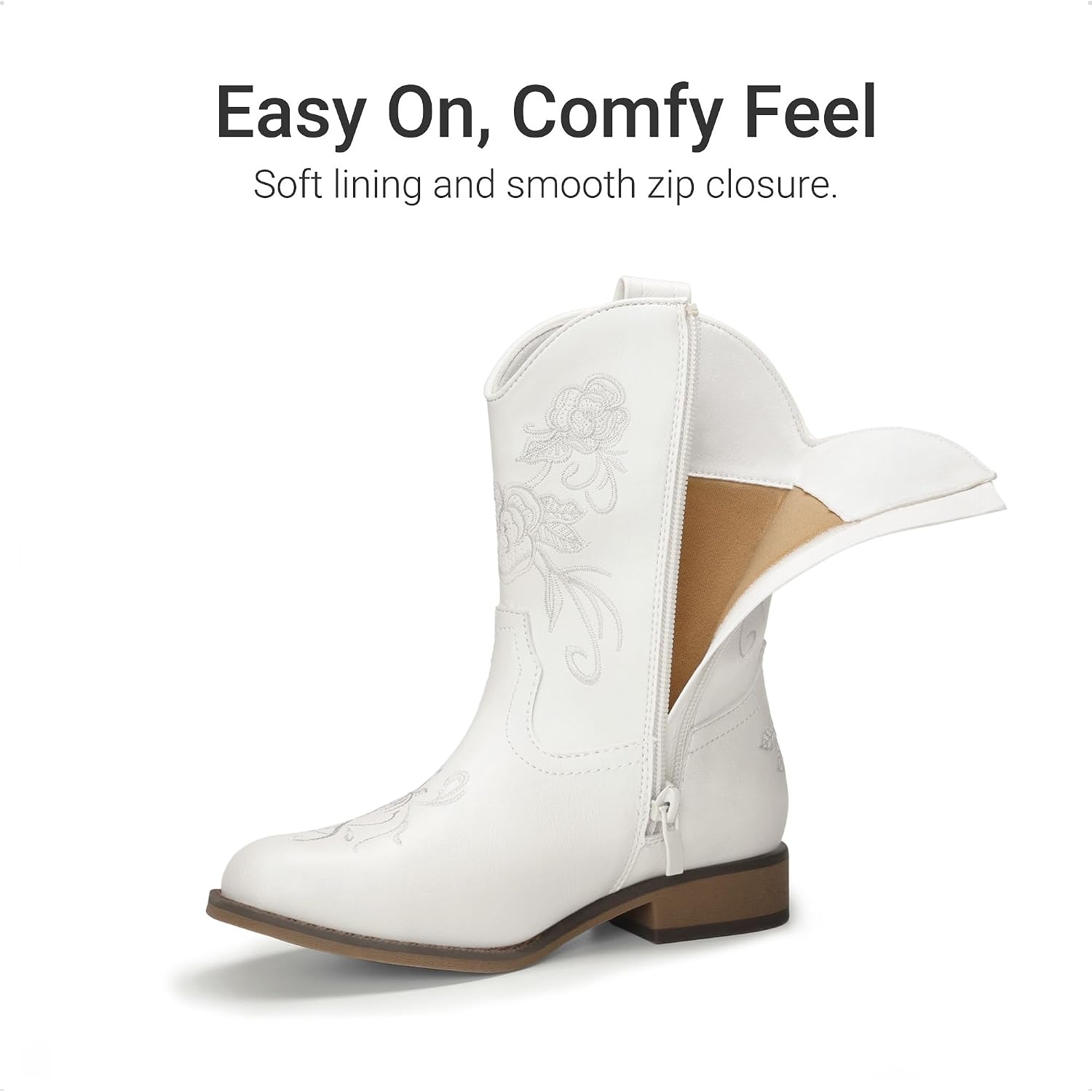 image:imageDREAM PAIRS Girls Cowboy Cowgirl Western Boots Floral Embroidered Classic Western Cowgirl Boots Square Toe Mid Calf Side Zipper Horsing PartyWhite
