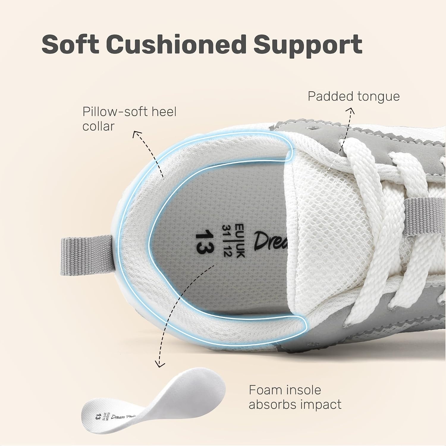 image:imageDREAM PAIRS Unisex Tennis Shoes Breathable Sneakers Lightweight Mesh Retro Upper Comfort Insole Durable Outsole Convenient Heel Pull Tab Casual Walk Sports Athletic School GymWhite