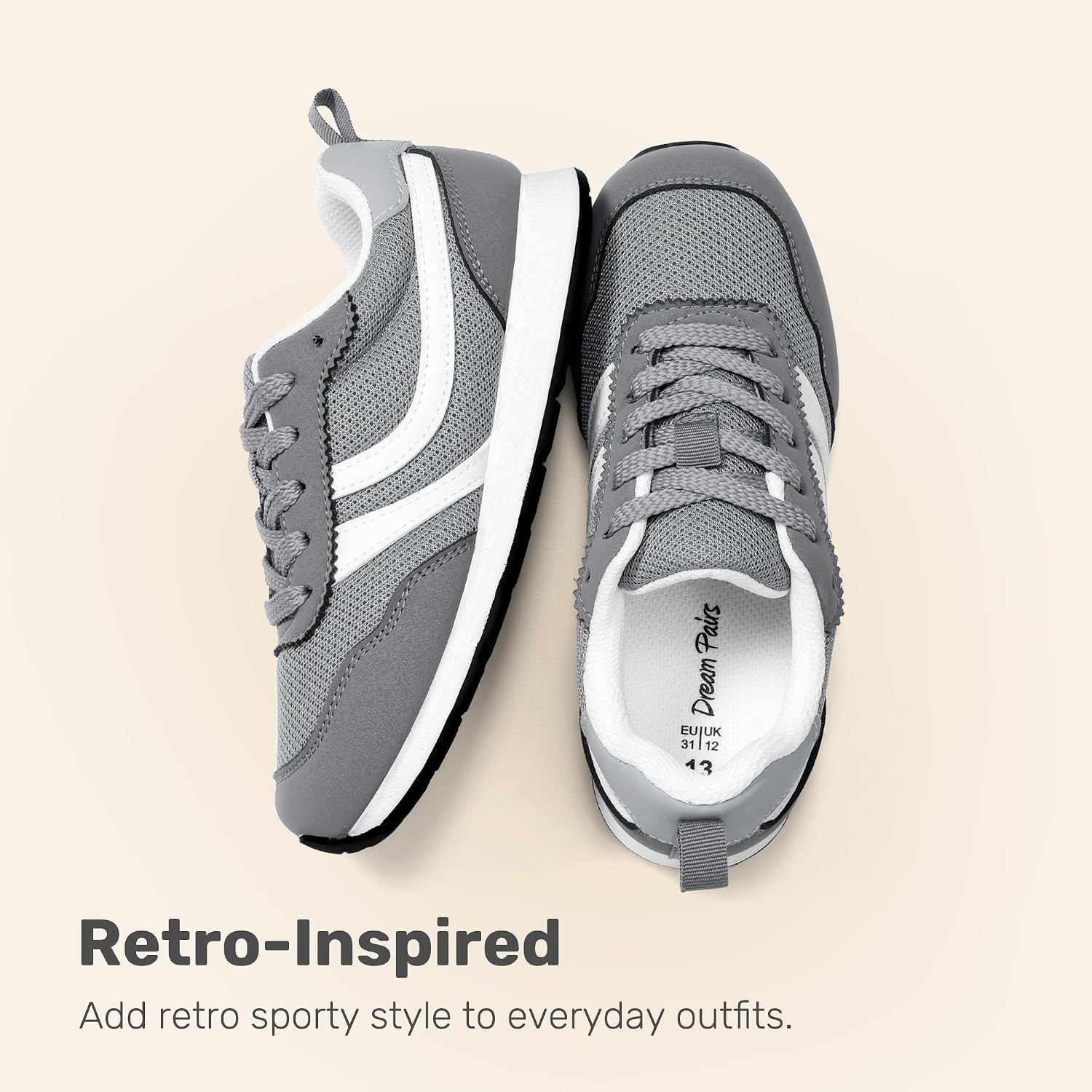 image:imageDREAM PAIRS Unisex Tennis Shoes Breathable Sneakers Lightweight Mesh Retro Upper Comfort Insole Durable Outsole Convenient Heel Pull Tab Casual Walk Sports Athletic School GymGrey