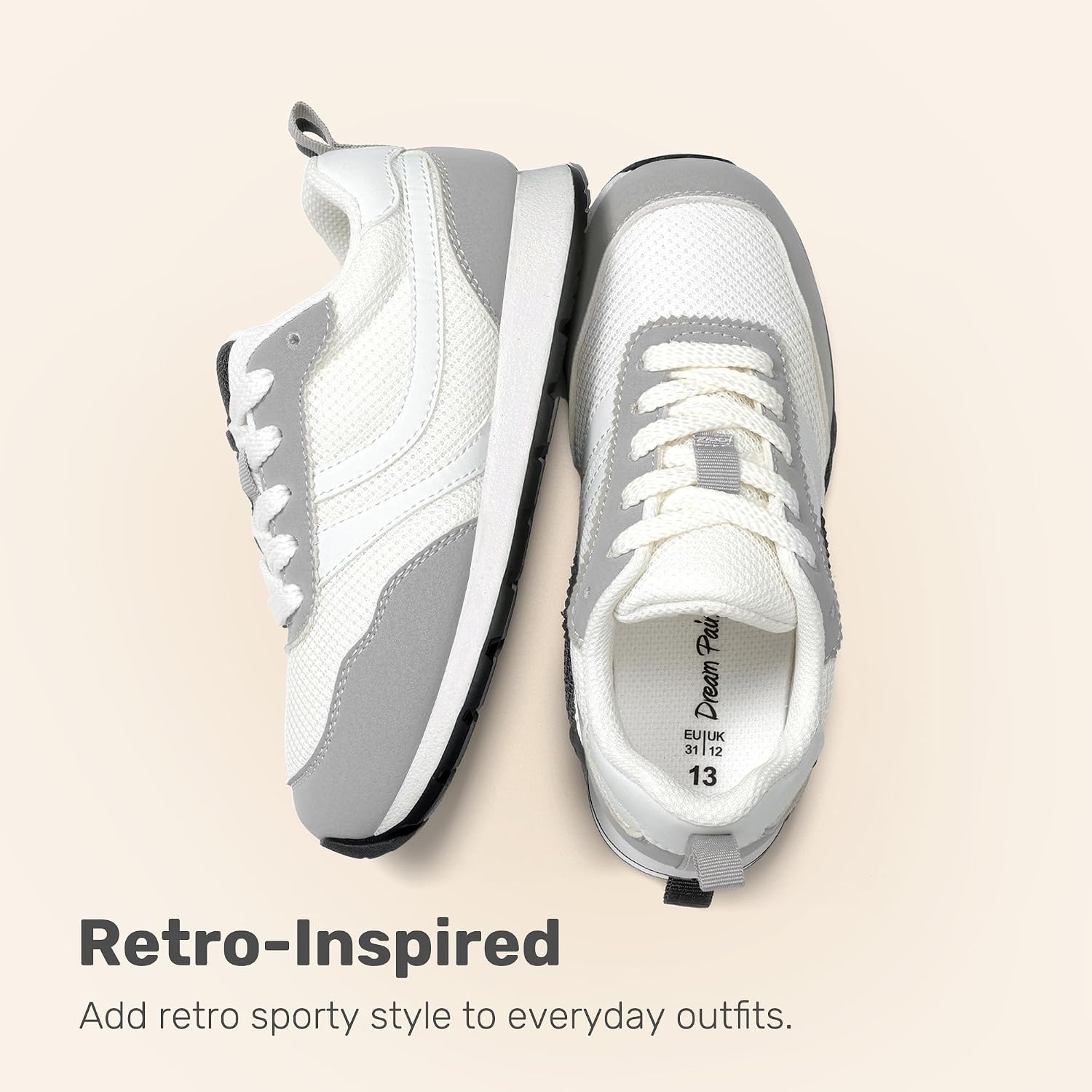 image:imageDREAM PAIRS Unisex Tennis Shoes Breathable Sneakers Lightweight Mesh Retro Upper Comfort Insole Durable Outsole Convenient Heel Pull Tab Casual Walk Sports Athletic School GymWhite