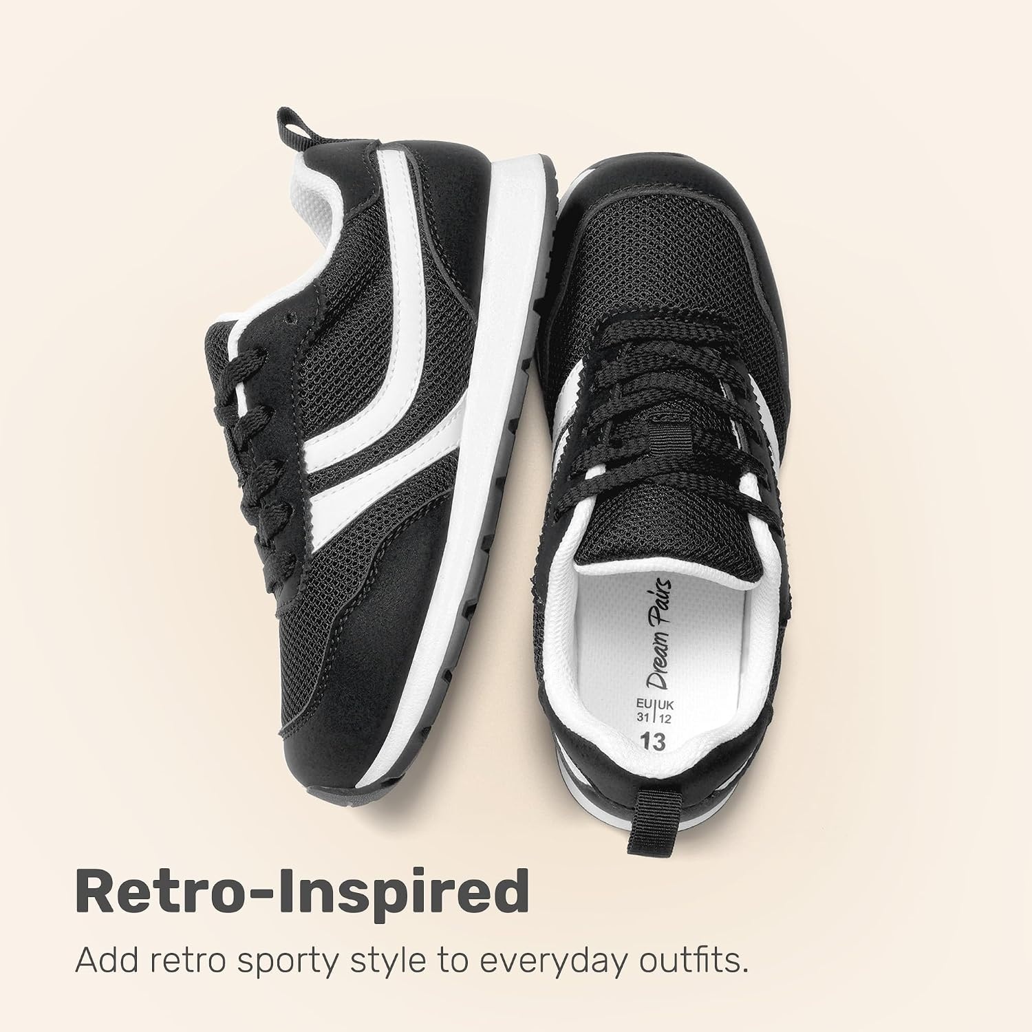 image:imageDREAM PAIRS Unisex Tennis Shoes Breathable Sneakers Lightweight Mesh Retro Upper Comfort Insole Durable Outsole Convenient Heel Pull Tab Casual Walk Sports Athletic School GymBlack
