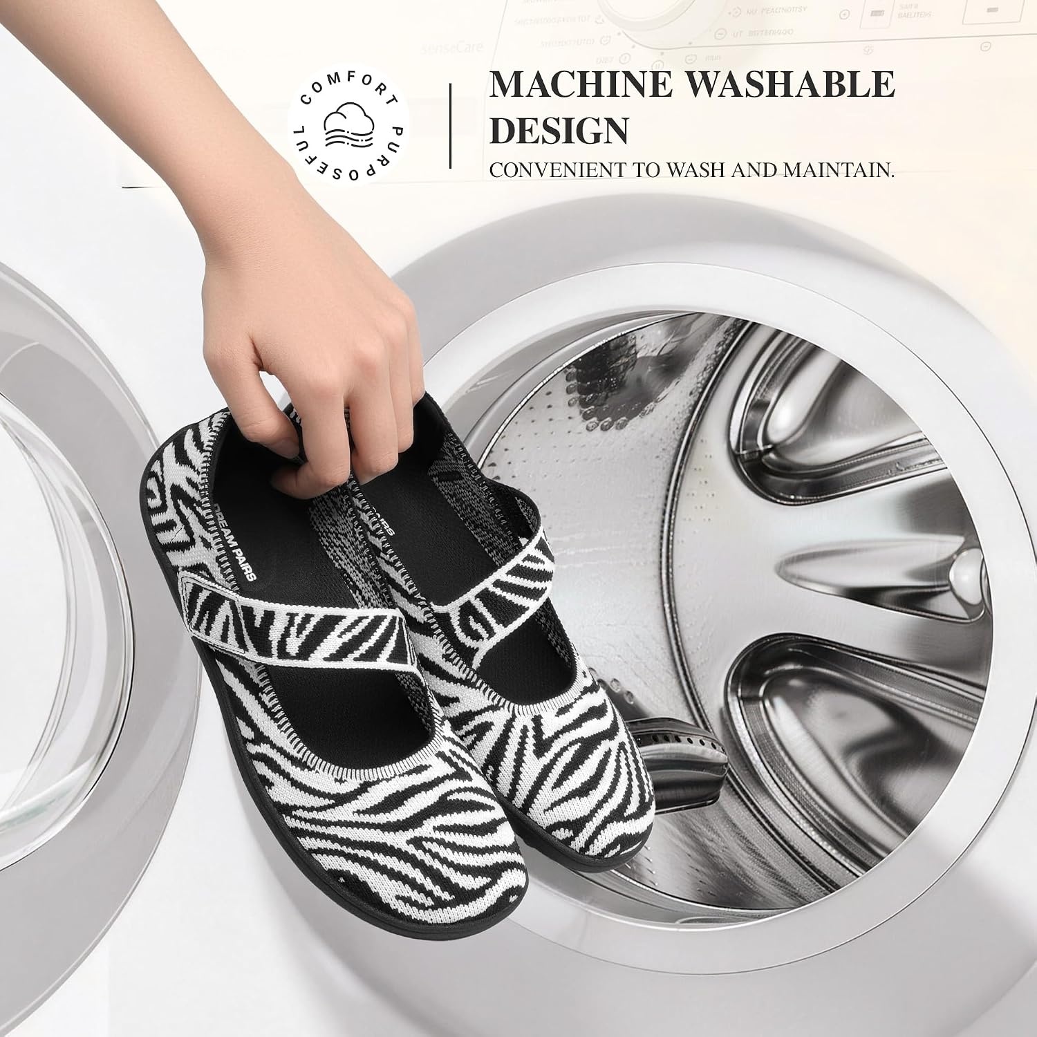 image:imageDREAM PAIRS Womens Mary Jane Wide Toe Ballet Flats Stretchy knit barefoot Breathable machine washable upper Antislip flexible outsole Adjustable elastic strapsZebra