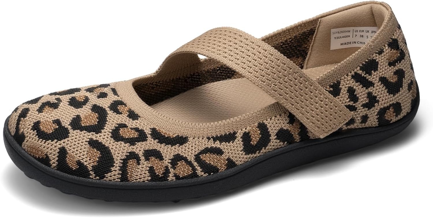 image:imageDREAM PAIRS Womens Mary Jane Wide Toe Ballet Flats Stretchy knit barefoot Breathable machine washable upper Antislip flexible outsole Adjustable elastic strapsLeopard