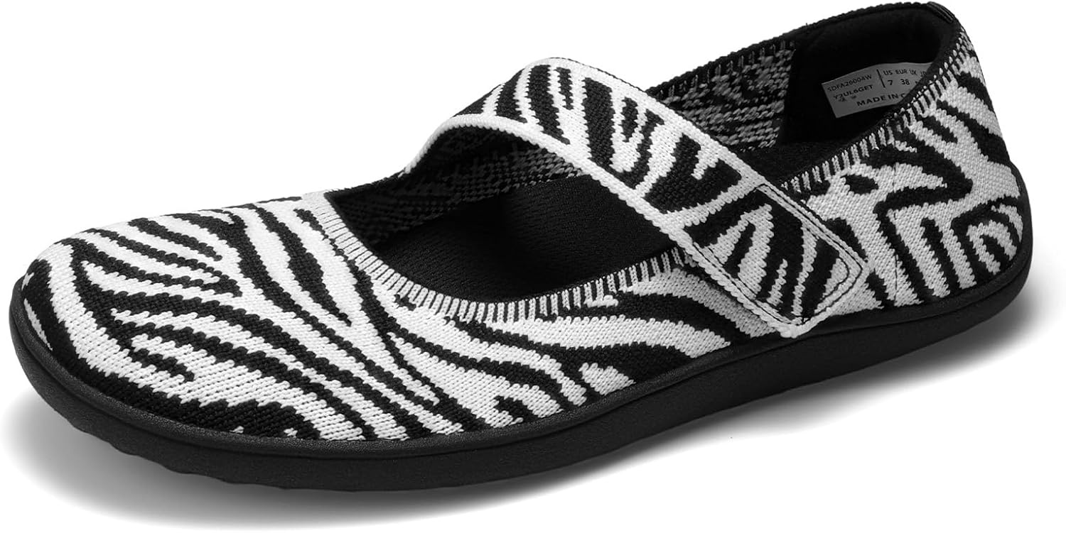 image:imageDREAM PAIRS Womens Mary Jane Wide Toe Ballet Flats Stretchy knit barefoot Breathable machine washable upper Antislip flexible outsole Adjustable elastic strapsZebra