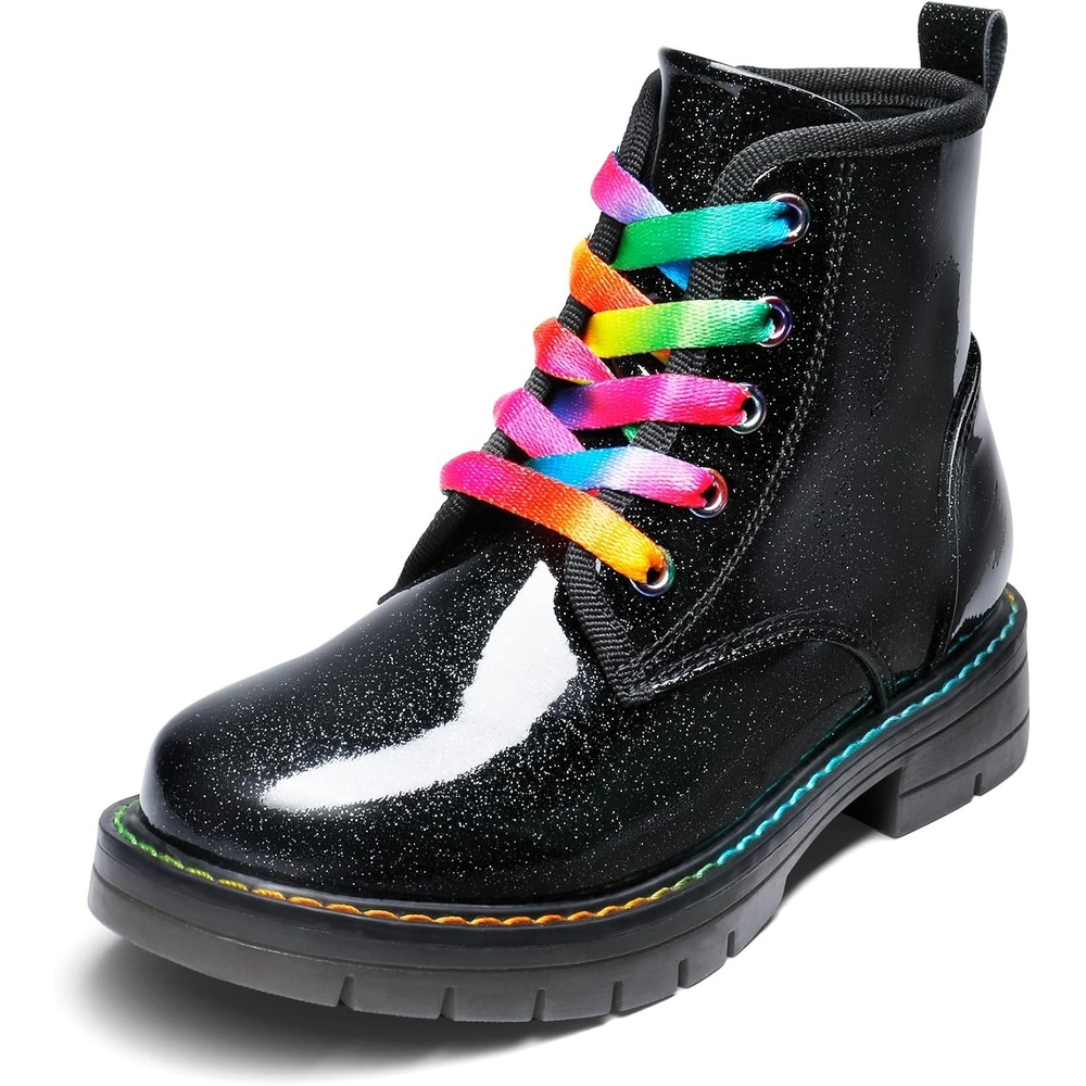 image:imageDREAM PAIRS Girls Combat Ankle Boots Shoes Glittery upper with cushioned footbed and durable rubber outsole for dress up and winterBlackPu