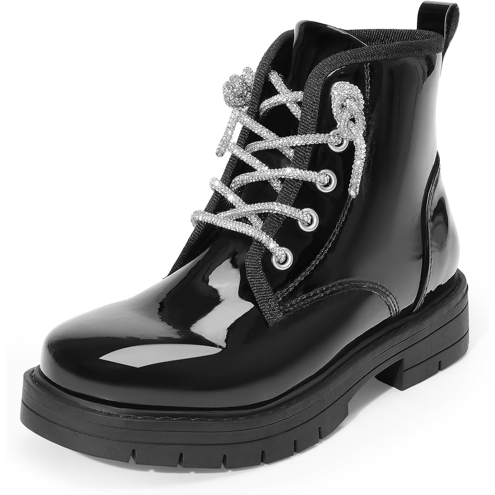 image:imageDREAM PAIRS Girls Combat Ankle Boots Shoes Glittery upper with cushioned footbed and durable rubber outsole for dress up and winterBlackpat